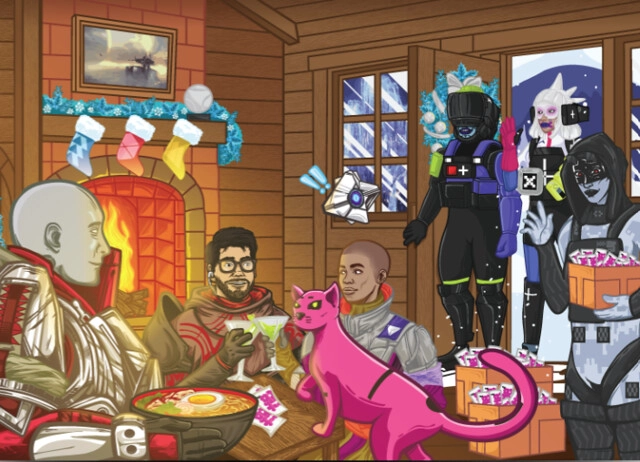A festive illustration featuring diverse gaming characters celebrating with holiday treats and decorations in a cozy setting.