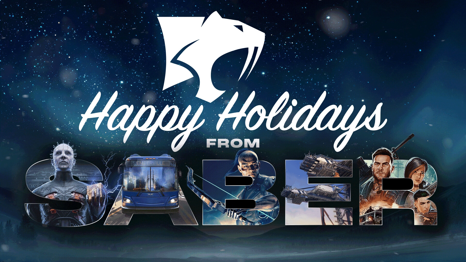 Happy Holidays from Saber featuring iconic gaming characters and festive designs, celebrating the year