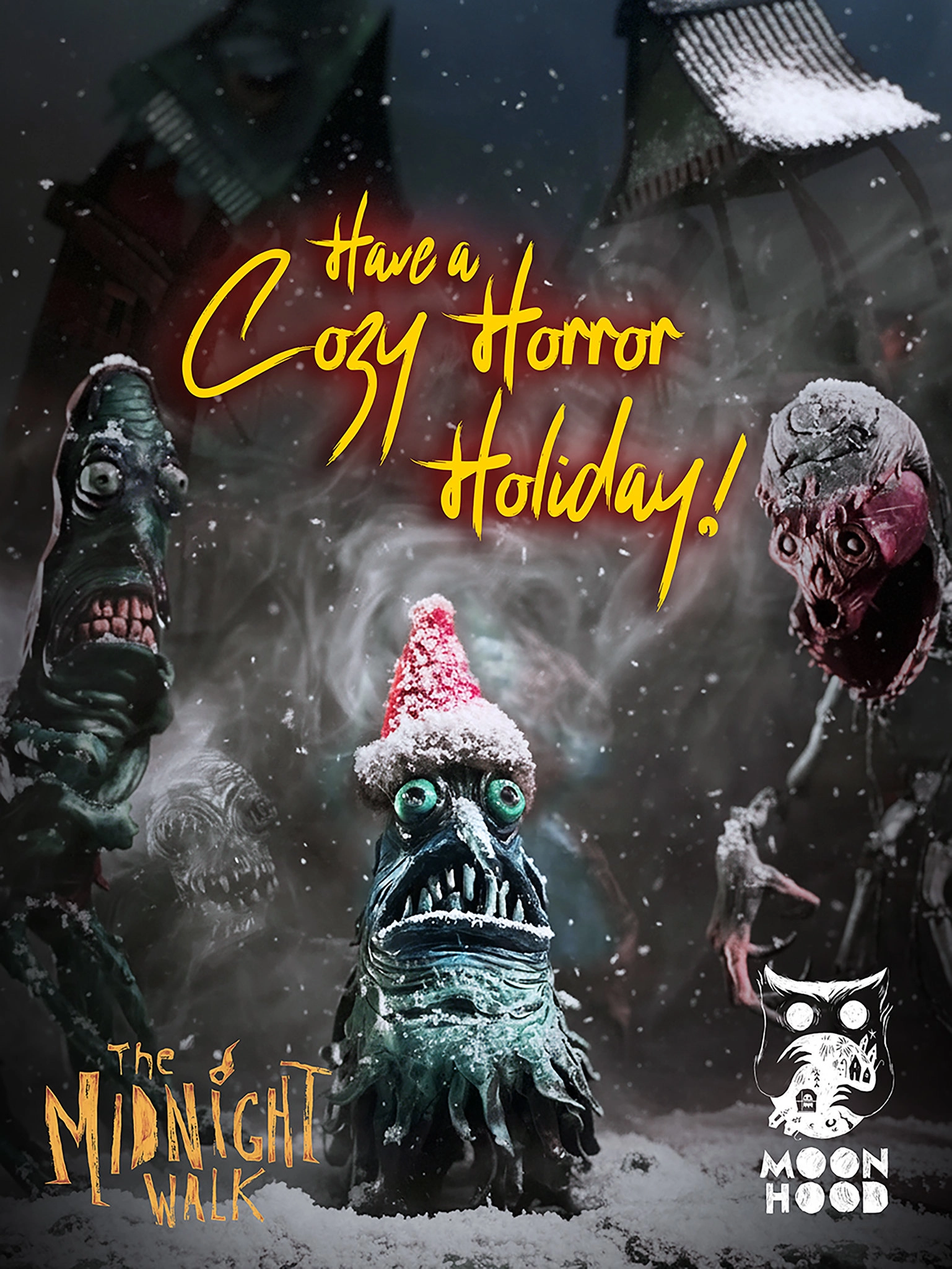 Cozy horror holiday greeting featuring characters from