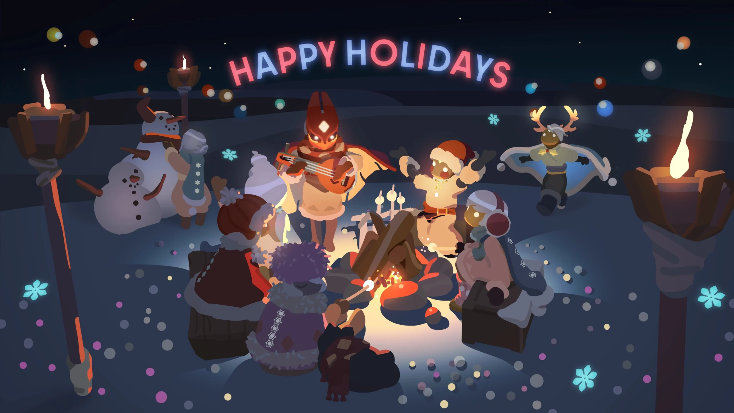 Holiday gathering with gaming characters around a fire, celebrating 2025 memories and wishing joy for 2026. Happy Holidays!