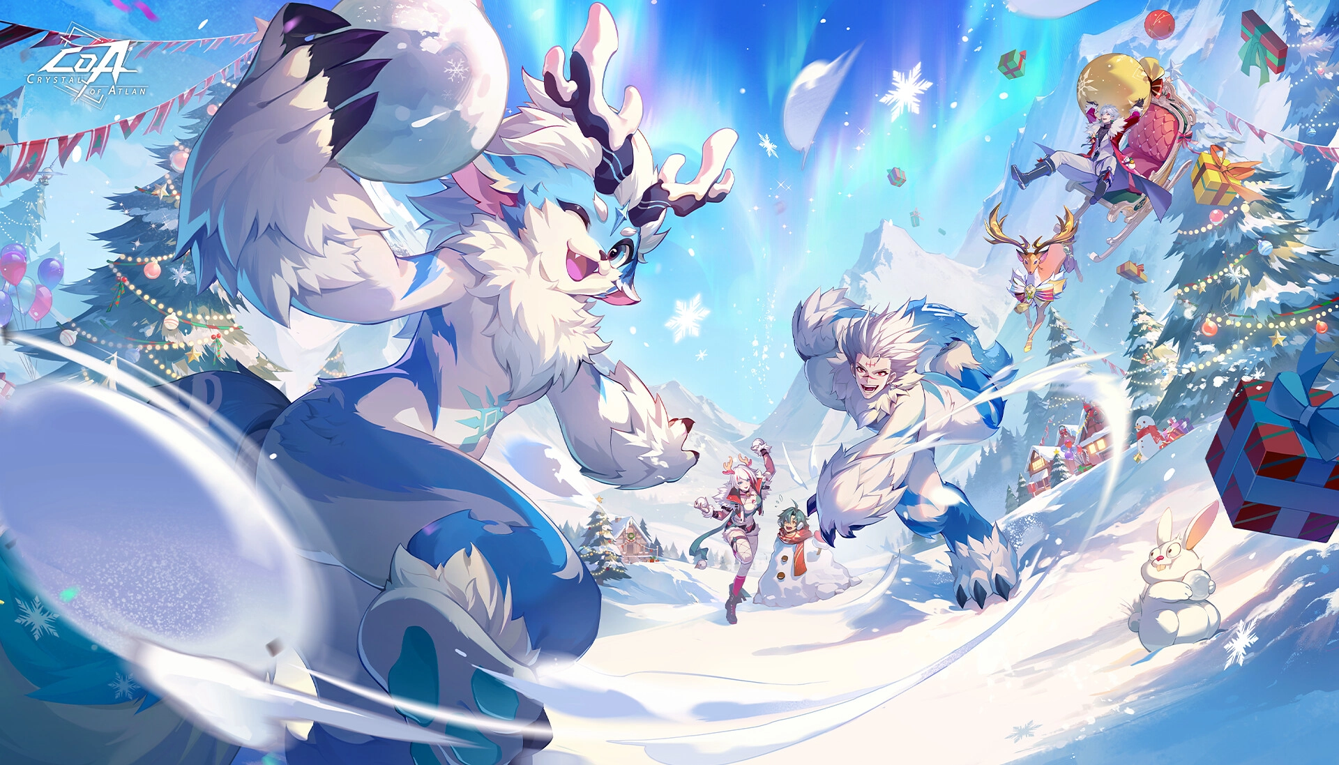 Festive gaming celebration artwork featuring whimsical, winter-themed creatures enjoying the holidays in a snowy landscape.