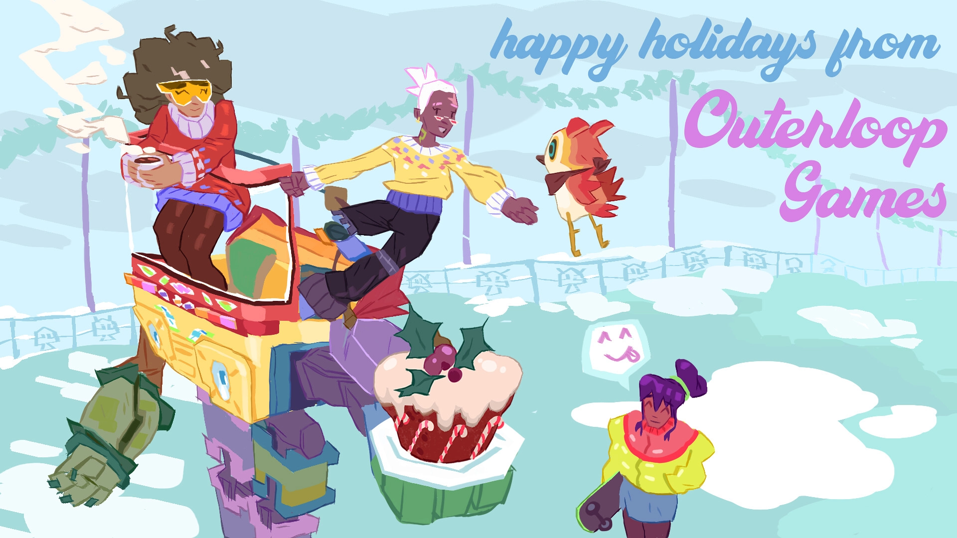 Colorful holiday illustration from Outerloop Games, celebrating gaming memories and festive wishes for a joyful season.
