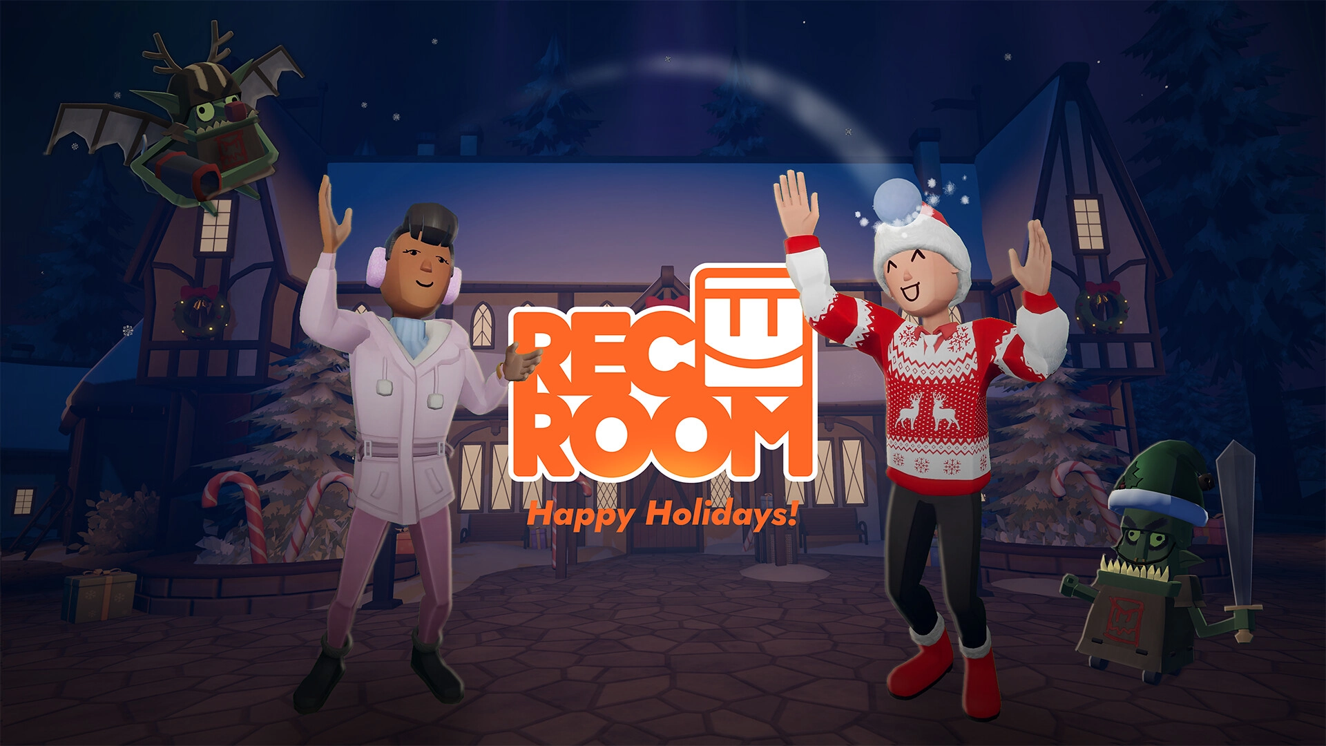 Rec Room holiday celebration with festive characters in a cozy winter setting, embracing joy and gaming community spirit.