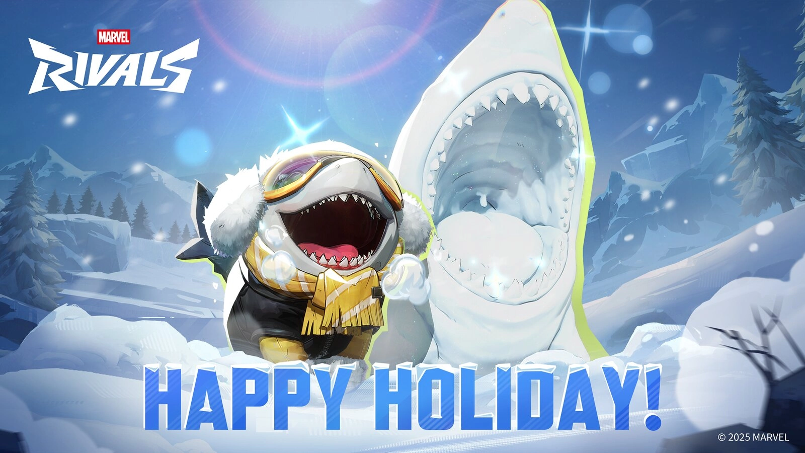 Cute, holiday-themed characters celebrate with joyful expressions in snowy scenery for Marvel Rivals