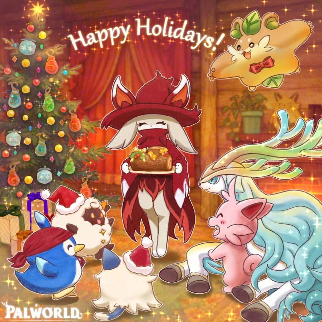 Happy Holidays from Palworld! Cute characters celebrate around a festive tree, spreading joy and cheer for the season.