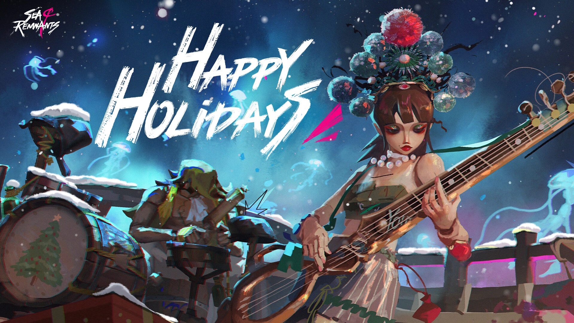 Colorful holiday-themed illustration featuring a musician with festive decor, celebrating gaming memories from 2025.