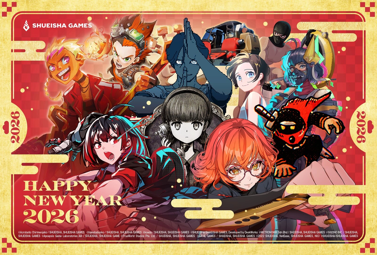 Festive gaming collage celebrating 2026 with artwork from various game studios and characters. Happy New Year!