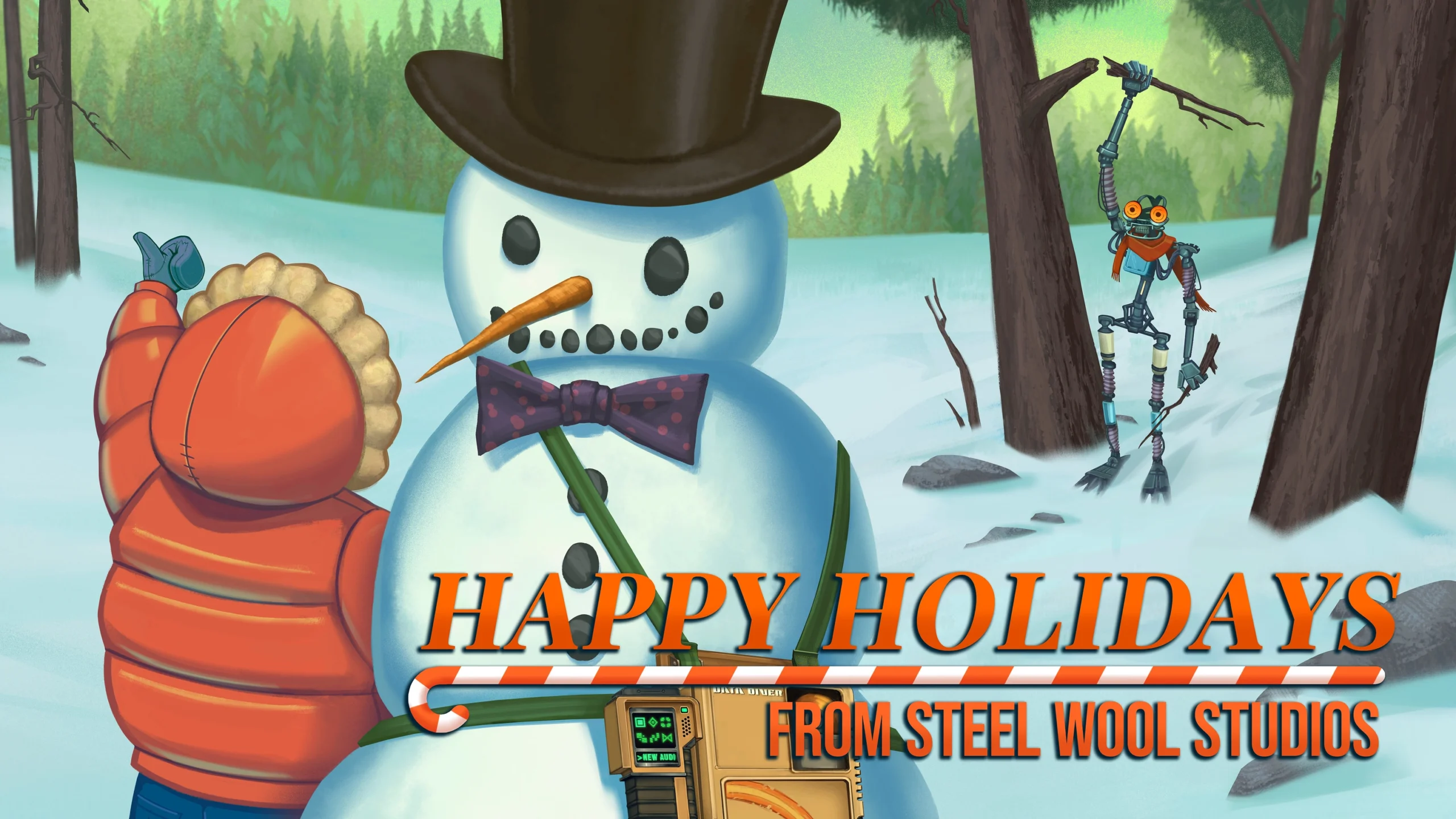 Cozy holiday scene with a snowman and festive greetings from Steel Wool Studios, celebrating gaming memories from 2025.