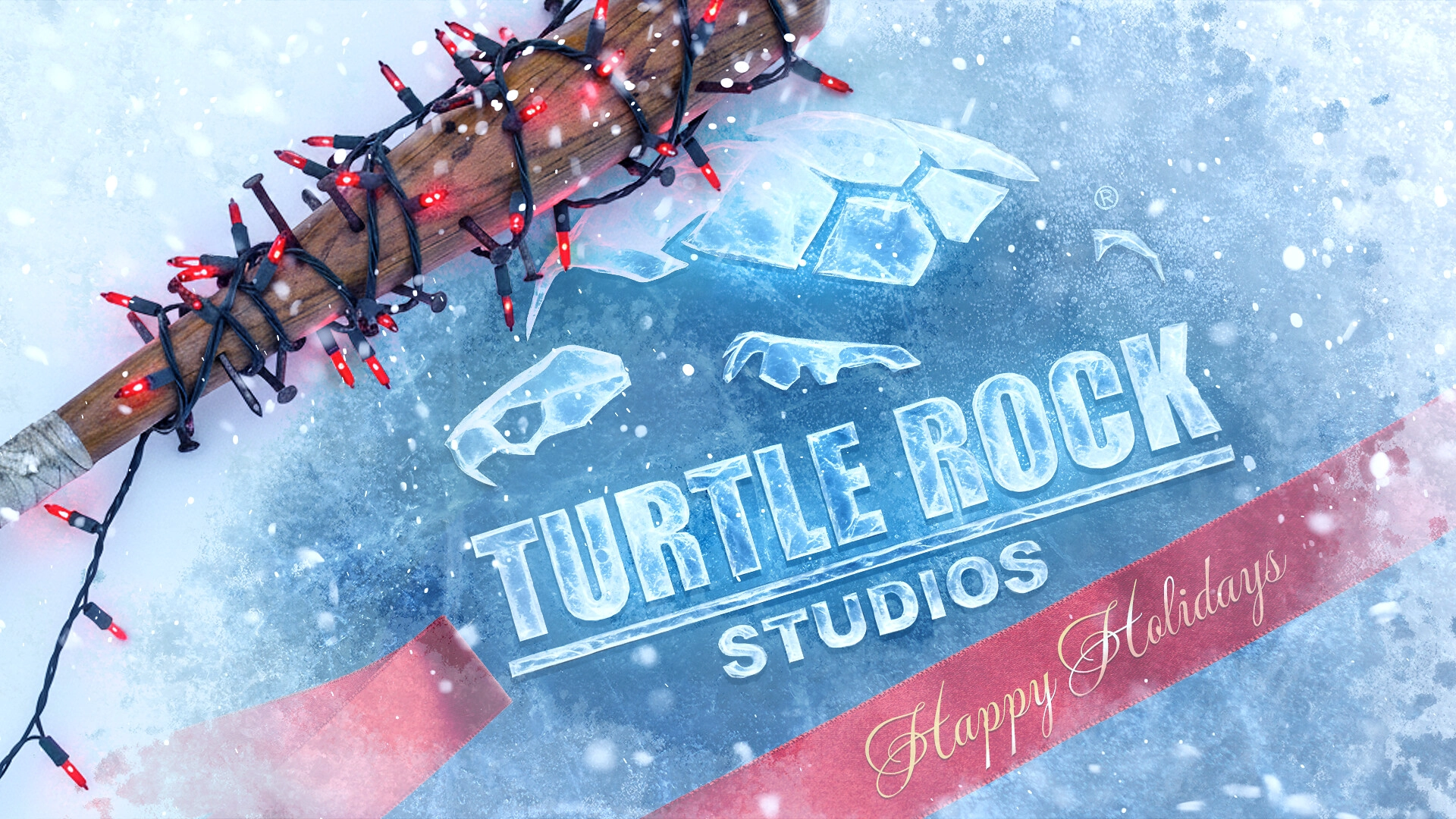 Holiday greetings from Turtle Rock Studios with festive lights and a snow-covered background, celebrating gaming memories.