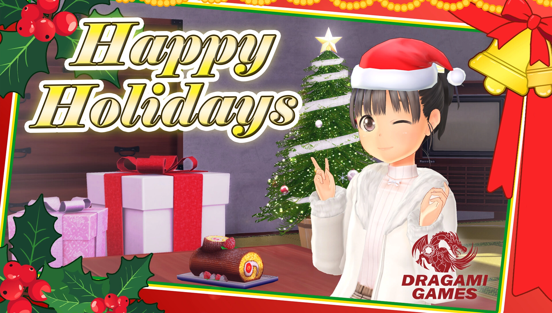 Cheerful holiday greeting featuring a character in a Santa hat, festive decor, and gifts from Dragami Games.