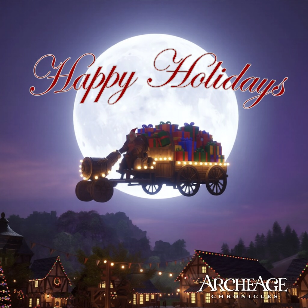 Happy Holidays from ArcheAge: festive wagon carrying gifts under a bright full moon, celebrating gaming memories of 2025.