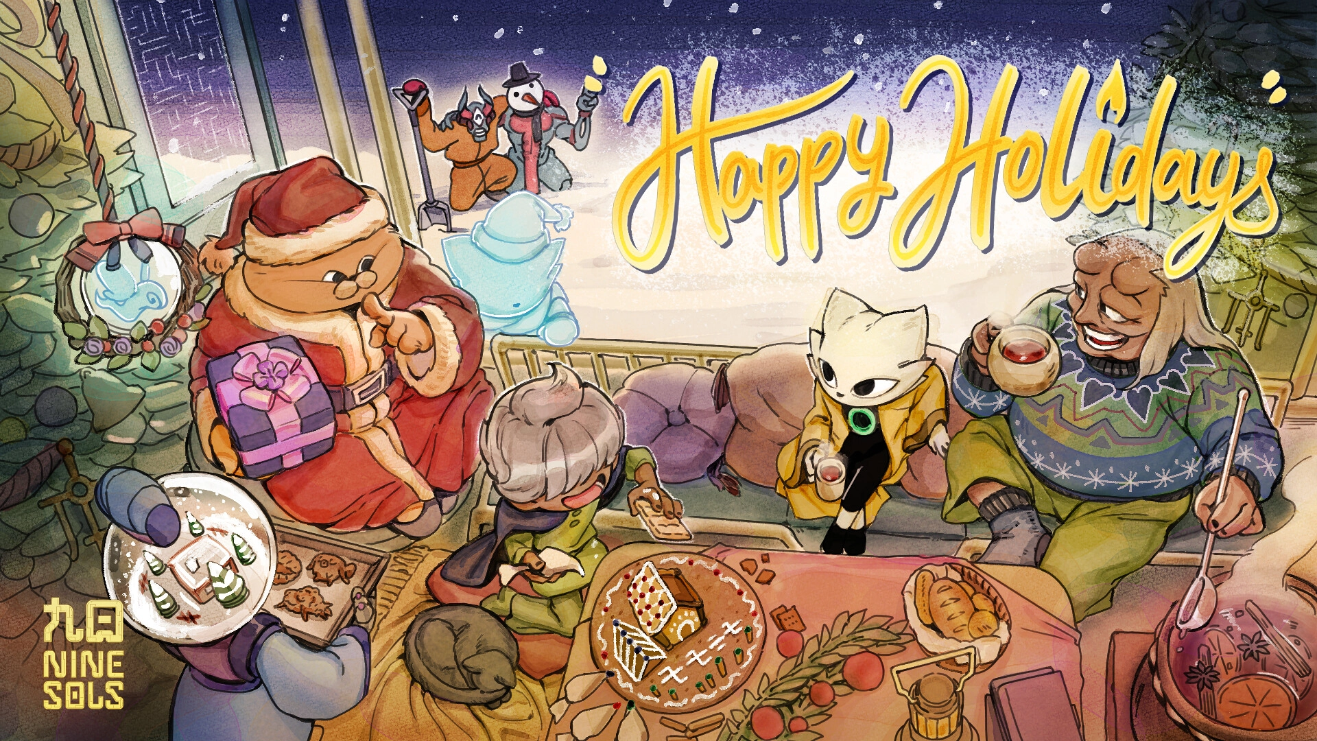 Festive scene featuring characters celebrating the holidays with treats and drinks, capturing the joy of gaming memories.