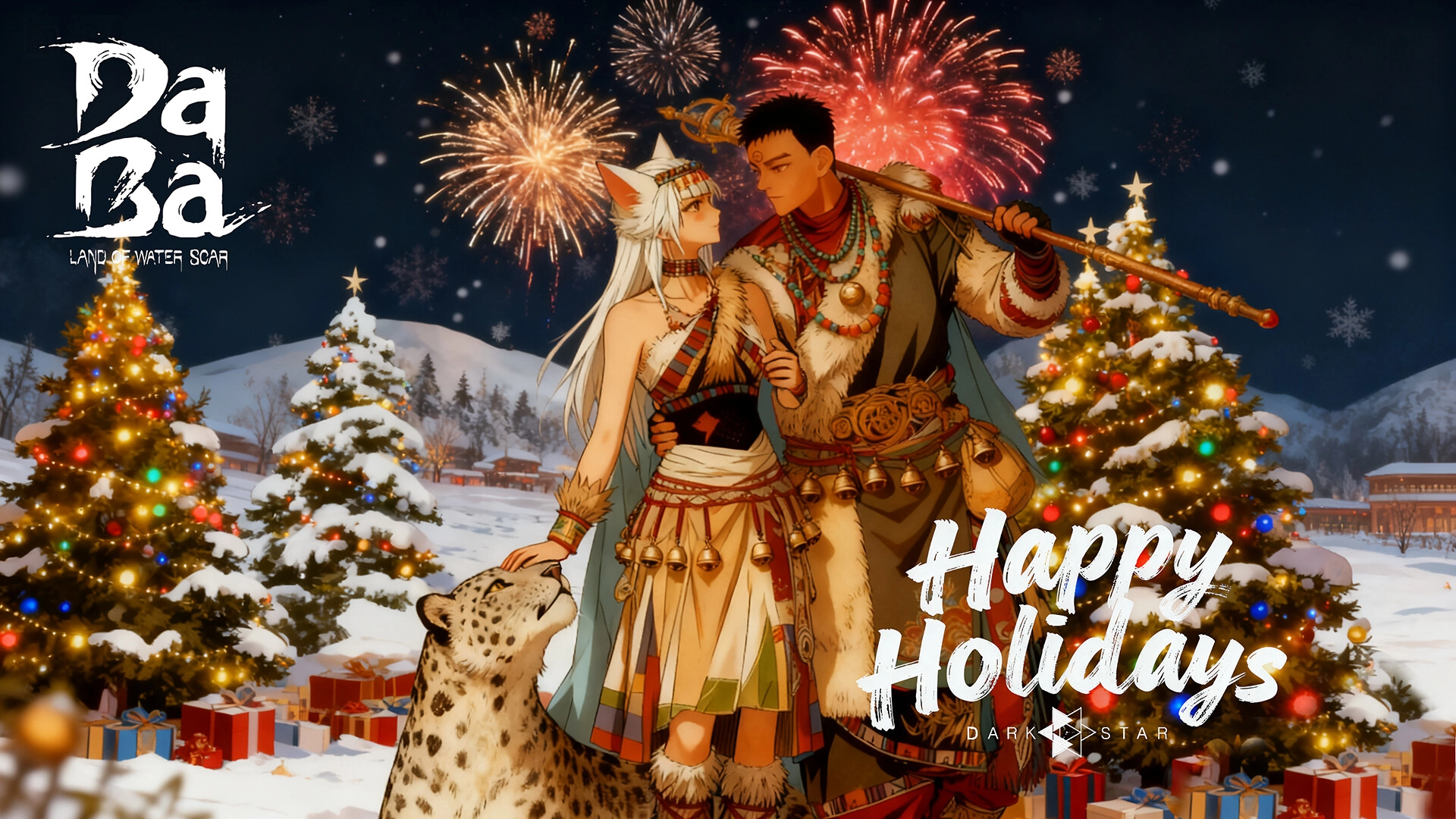 Festive animated scene celebrating 2025 gaming memories, featuring holiday wishes amid fireworks, snow, and a cozy atmosph...