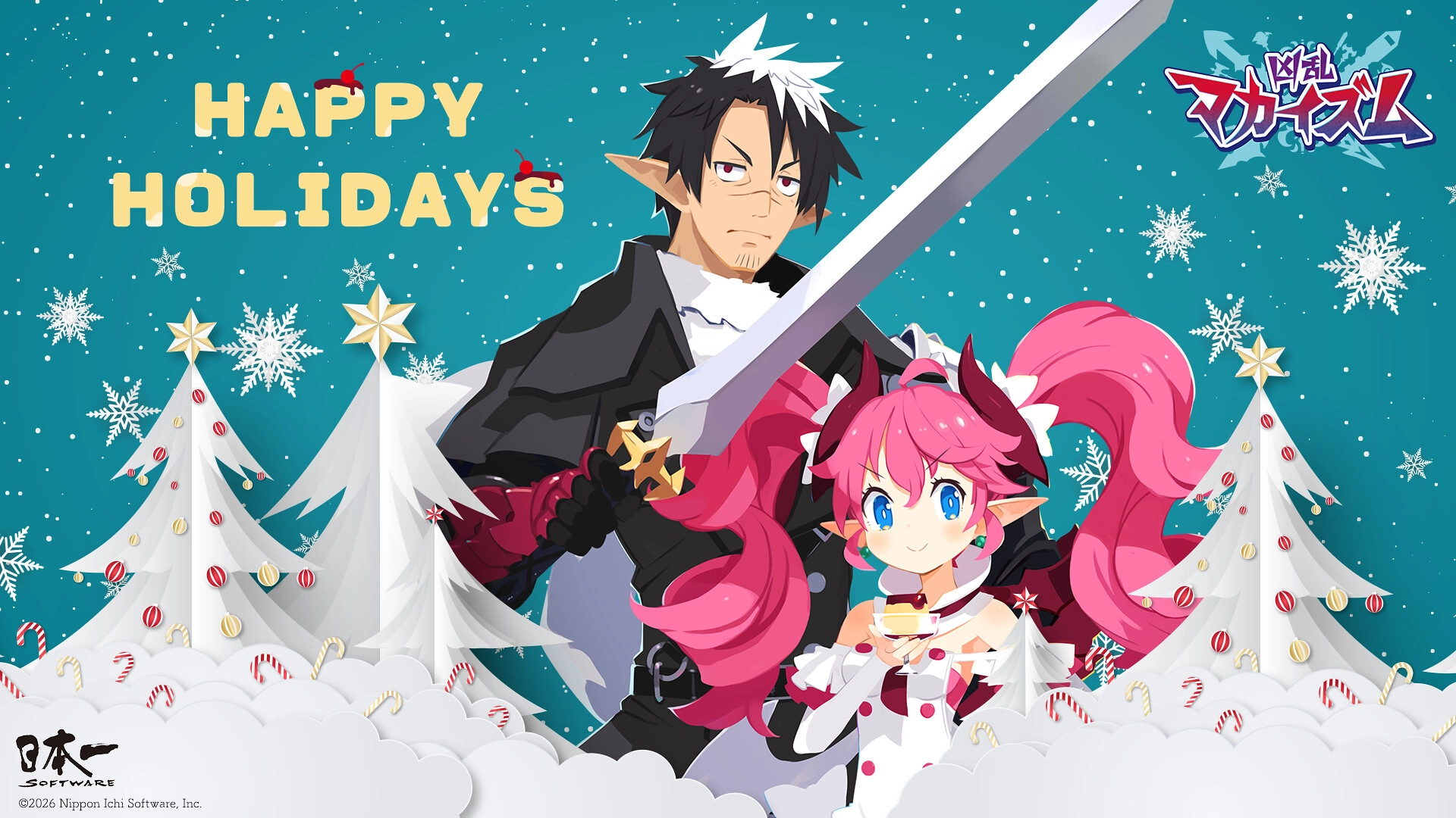 Holiday greeting illustration featuring characters in festive attire with trees and snowflakes. Cheers to gaming in 2026!