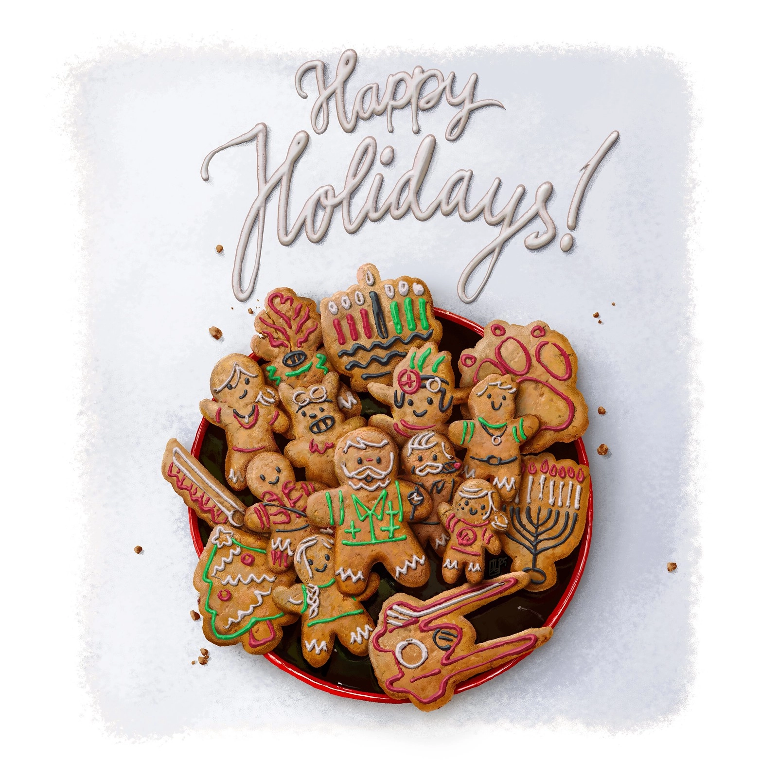 A festive collection of holiday-themed gingerbread cookies celebrating the gaming community and joyful memories from 2025.