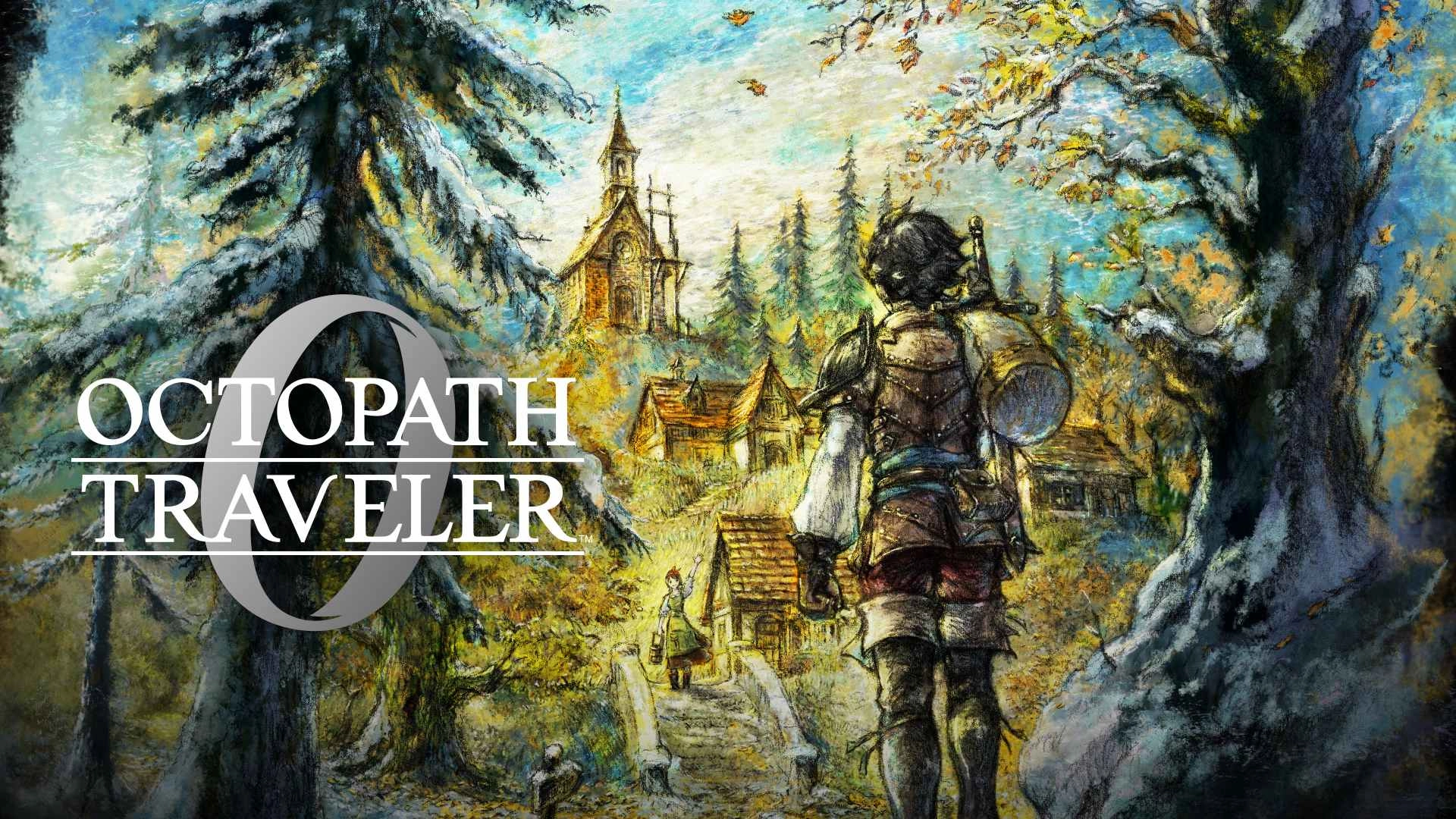 Octopath Traveler game cover art featuring a character in a scenic landscape with vibrant colors and detailed pixel art.