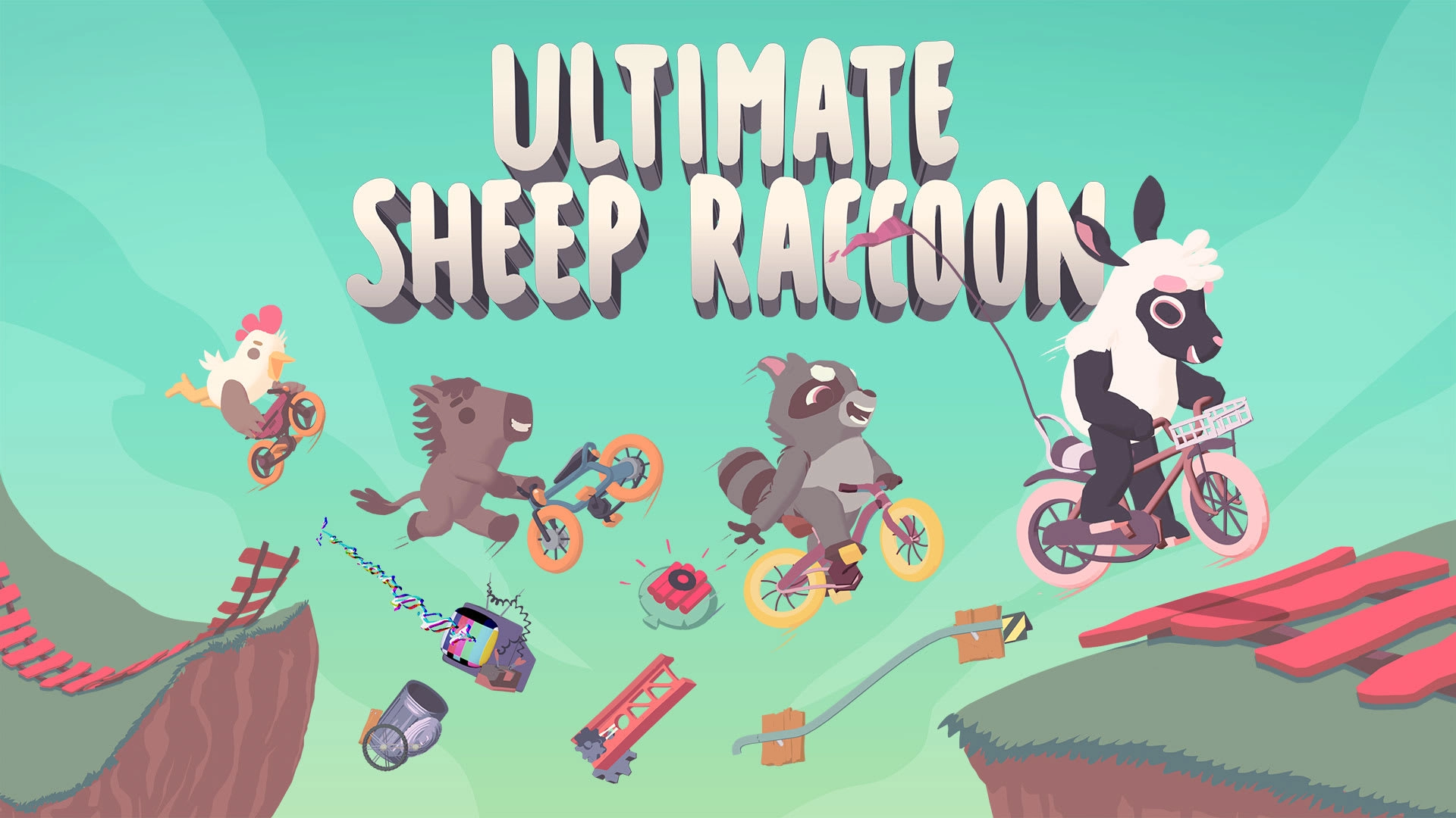 Ultimate Sheep Raccoon: vibrant, whimsical characters on bikes in a playful, colorful landscape for Nintendo Switch 2.