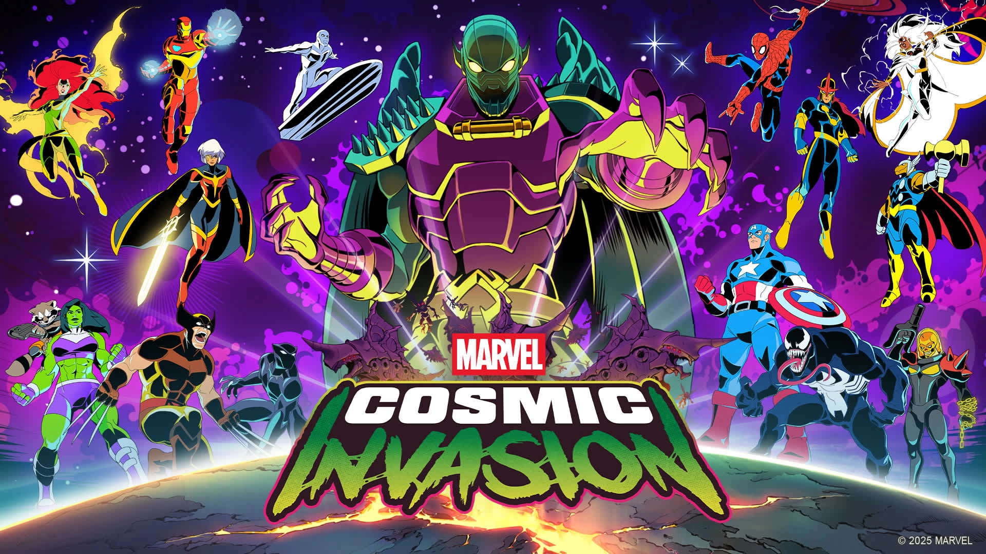 Marvel Cosmic Invasion game artwork featuring heroes in vibrant pixel art for Nintendo Switch™ 2. Explore cosmic battles!