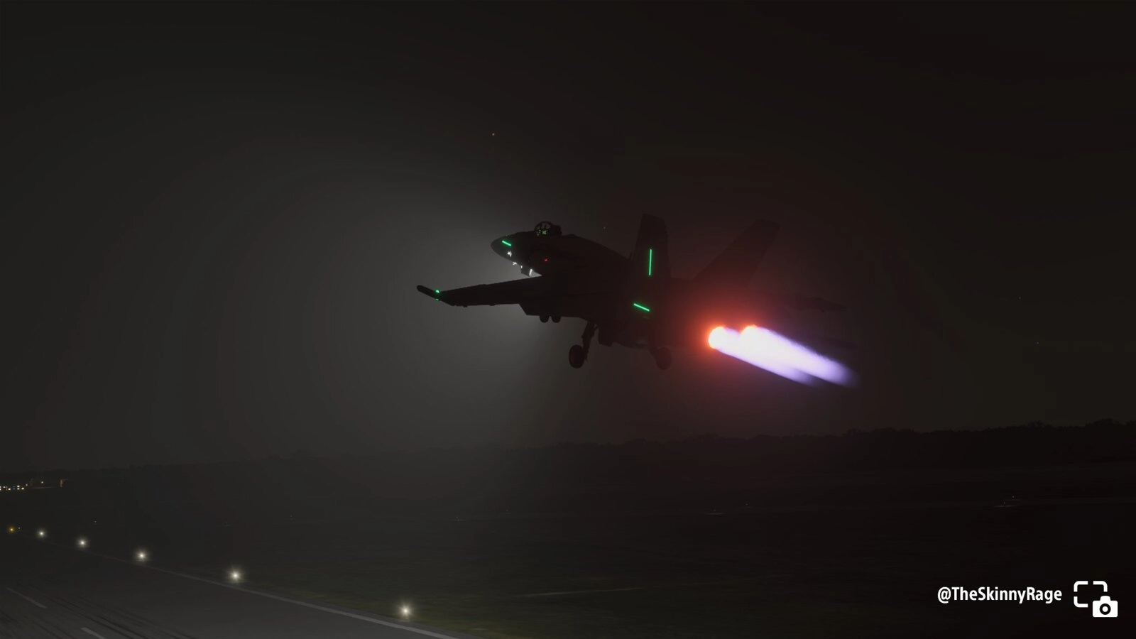 A jet takes off into the night, showcasing powerful afterburners and vibrant lights in Microsoft Flight Simulator.