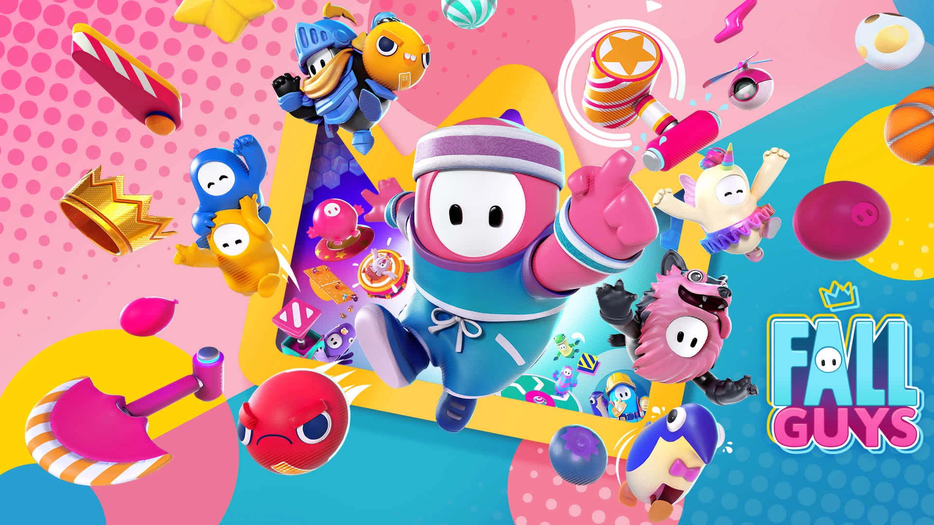 Colorful characters from Fall Guys in playful action, showcasing free games for Nintendo Switch systems. Download now!