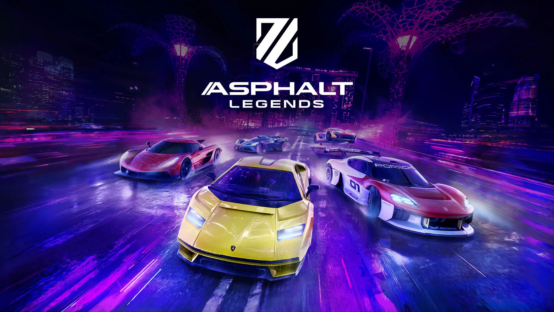 High-octane racing scene from Asphalt Legends, featuring sleek cars in vibrant neon lights for Nintendo Switch.