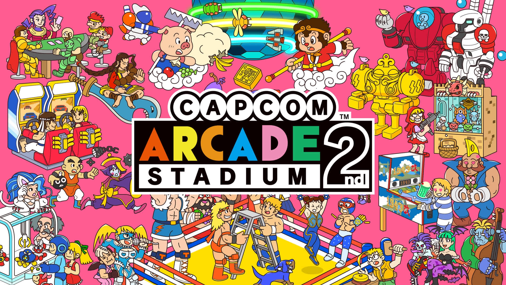 Alt text: Colorful illustration of Capcom Arcade Stadium 2, featuring iconic characters and arcade games on a vibrant pink...