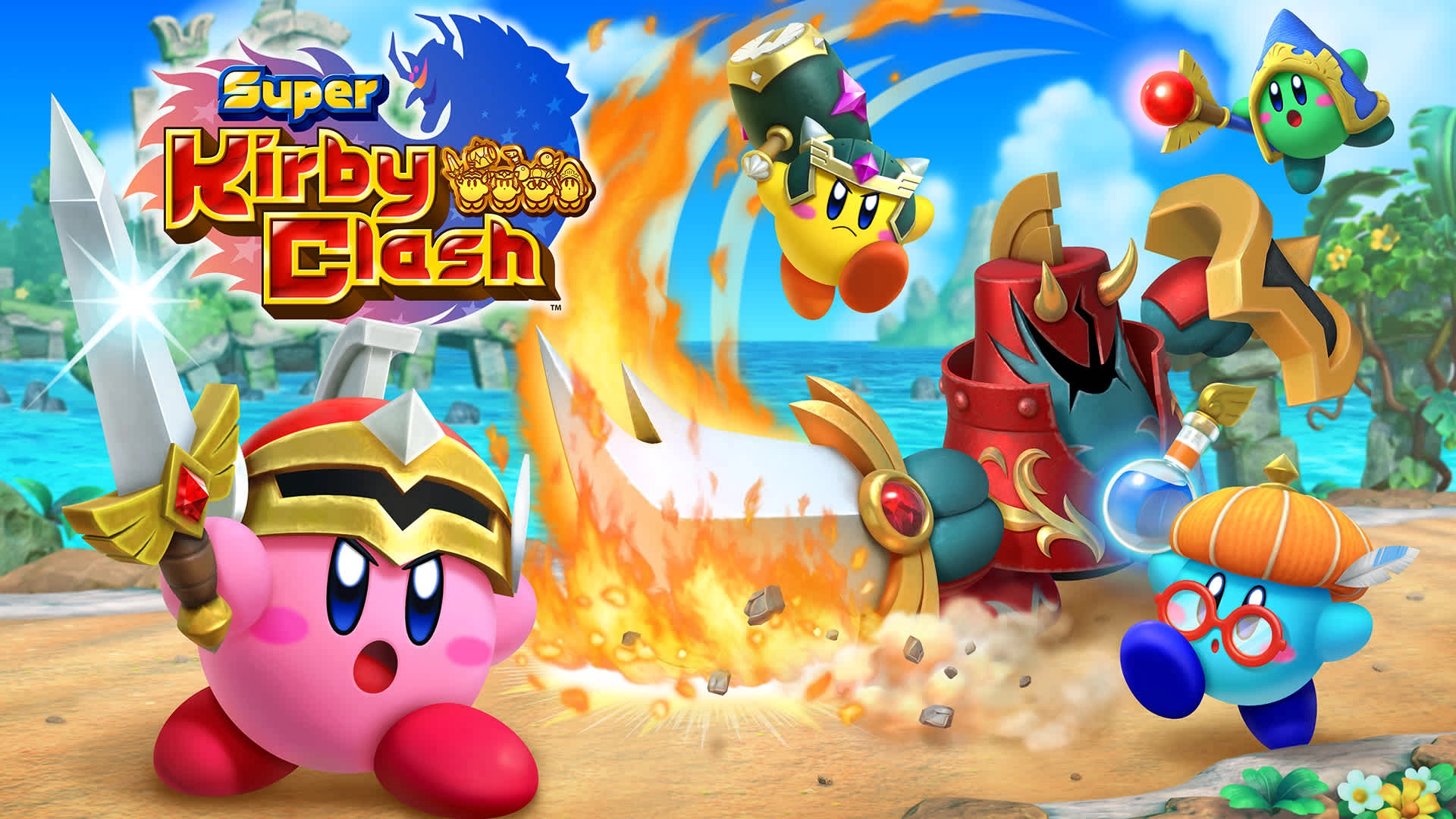 Colorful scene from Super Kirby Clash™ featuring Kirby and friends battling an enemy on Nintendo Switch™.