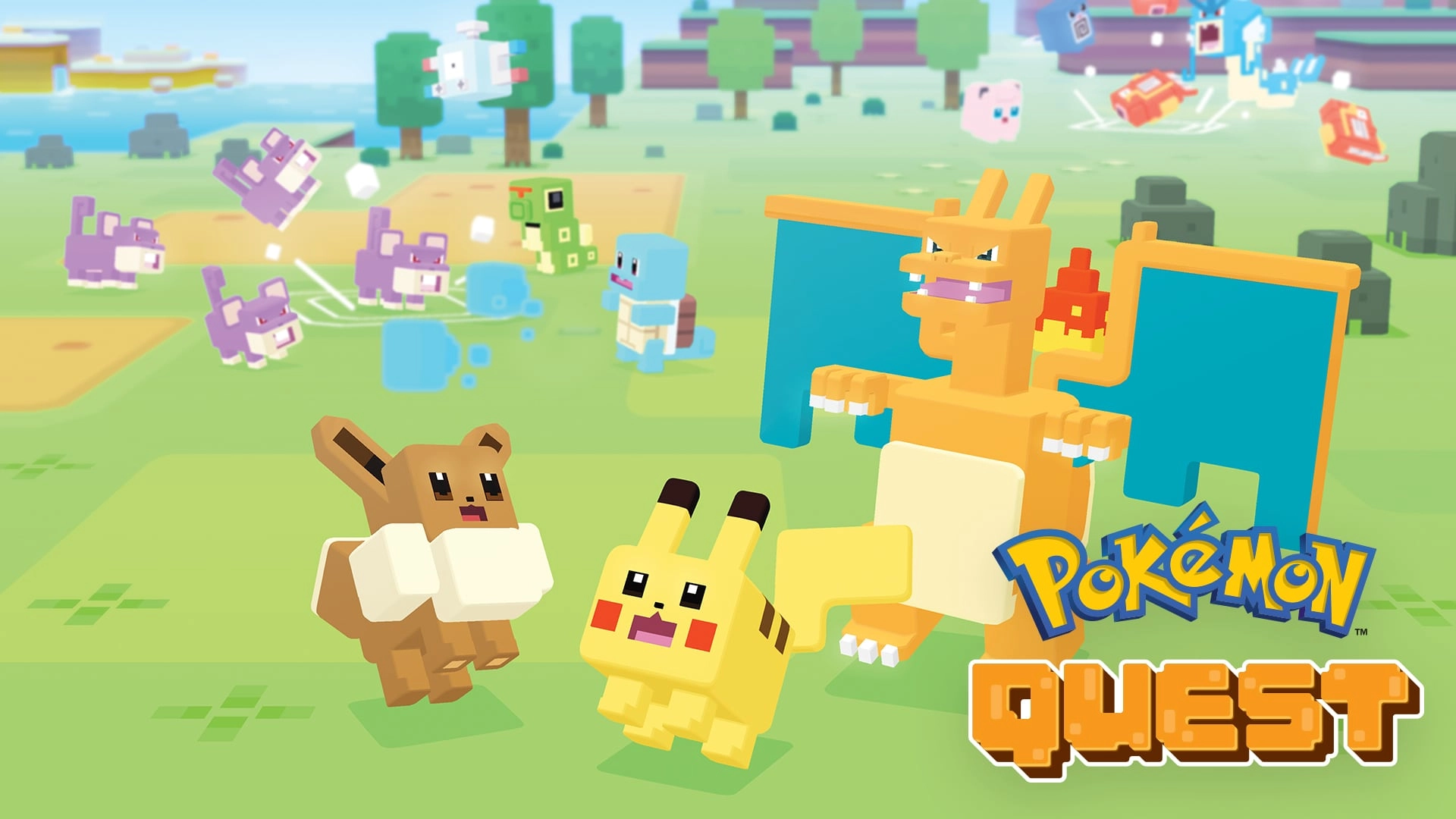 Colorful Pokémon Quest scene with Pikachu, Eevee, and Charizard in a playful, blocky environment on Nintendo Switch.