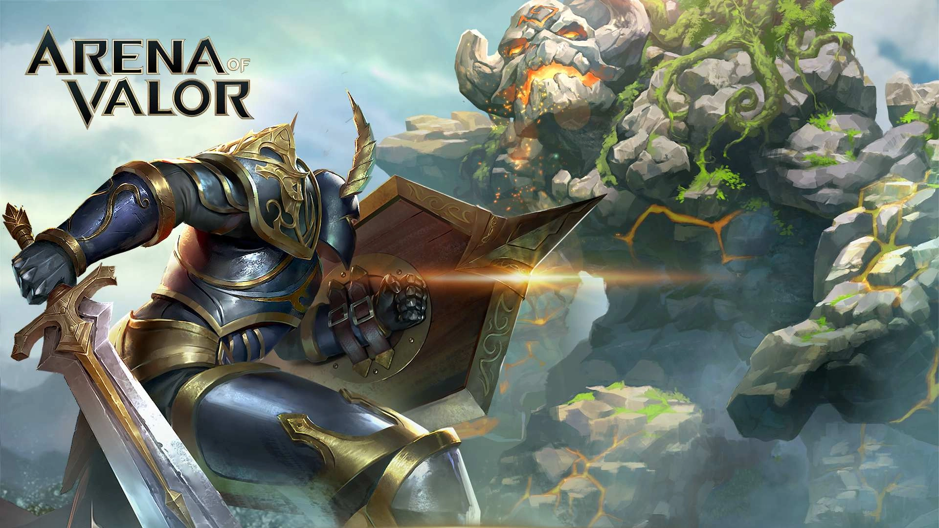 Epic action from Arena of Valor showcasing a hero battling a colossal stone creature in a vibrant fantasy world.