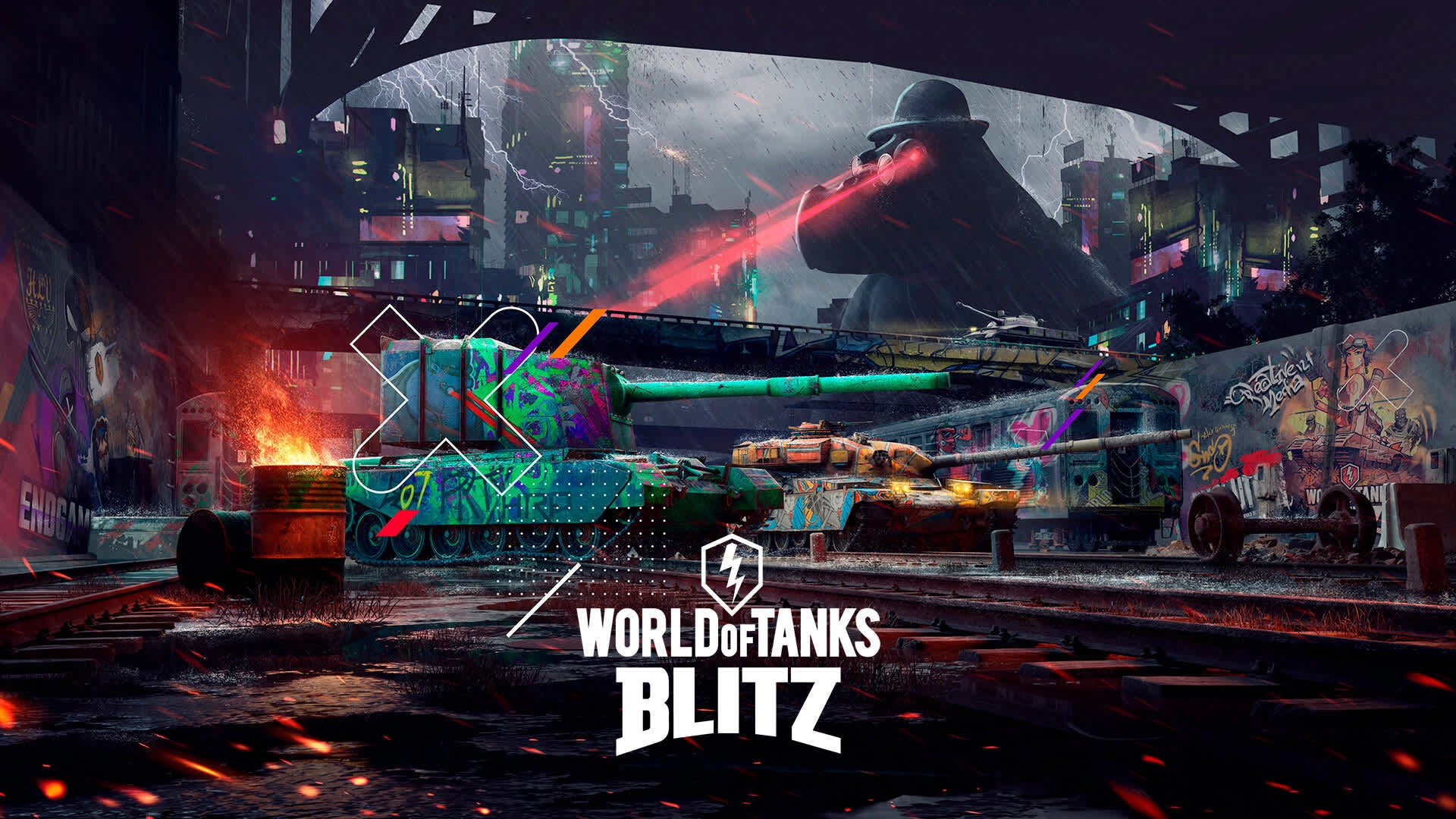 Dynamic scene from World of Tanks Blitz, showcasing vibrant tanks in a futuristic urban landscape.