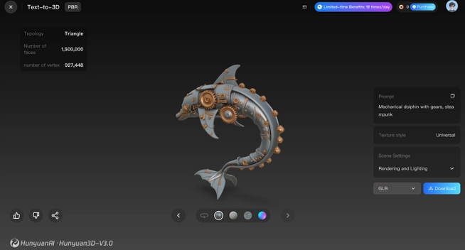 3D model of a mechanical dolphin with gears, showcasing Tencent