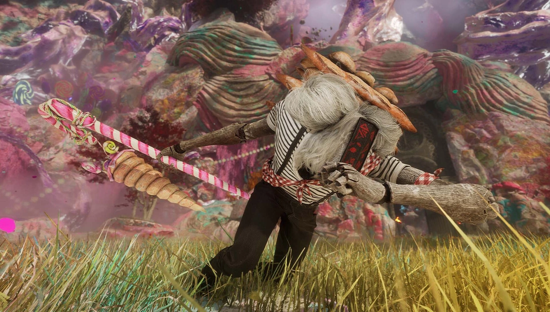 Whimsical character wielding a sweet-themed sword in a vibrant, colorful fantasy environment from a new game update.