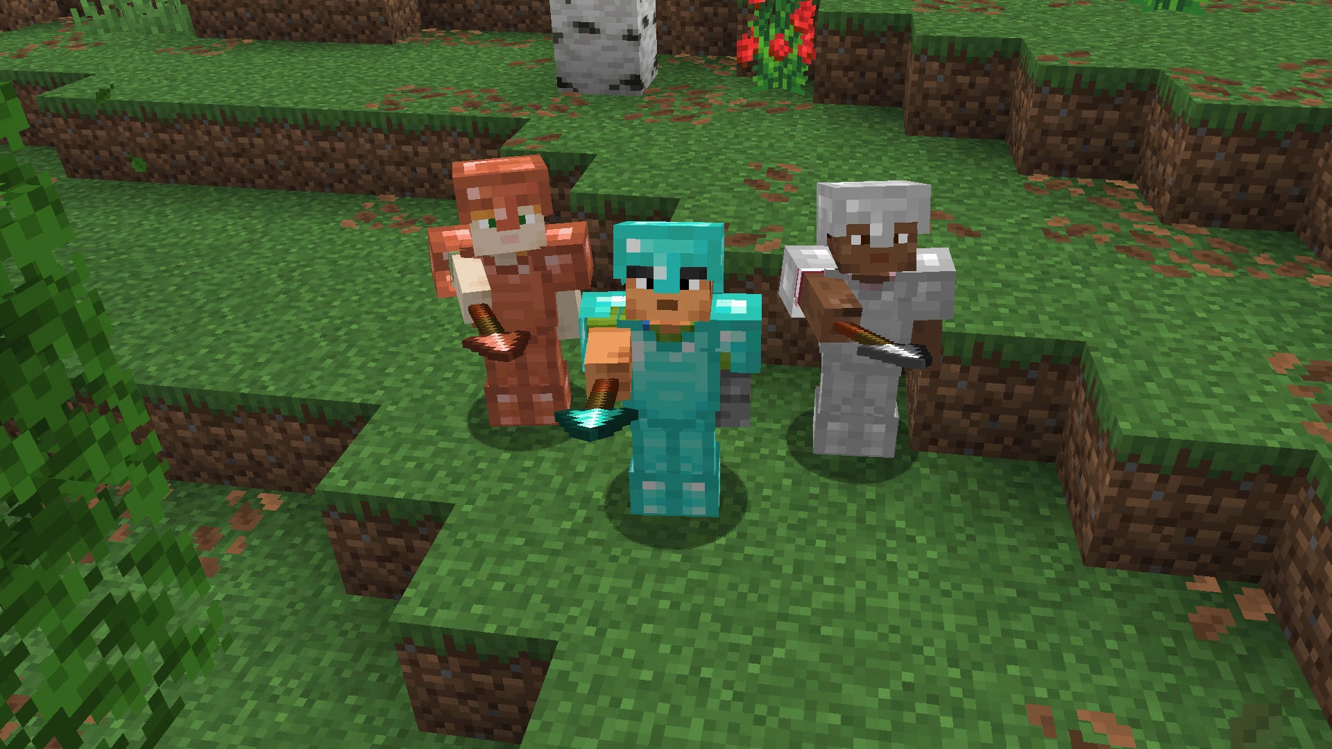 Three Minecraft characters in colorful armor wielding spears, ready for adventure in the Mounts of Mayhem update on Ninten...