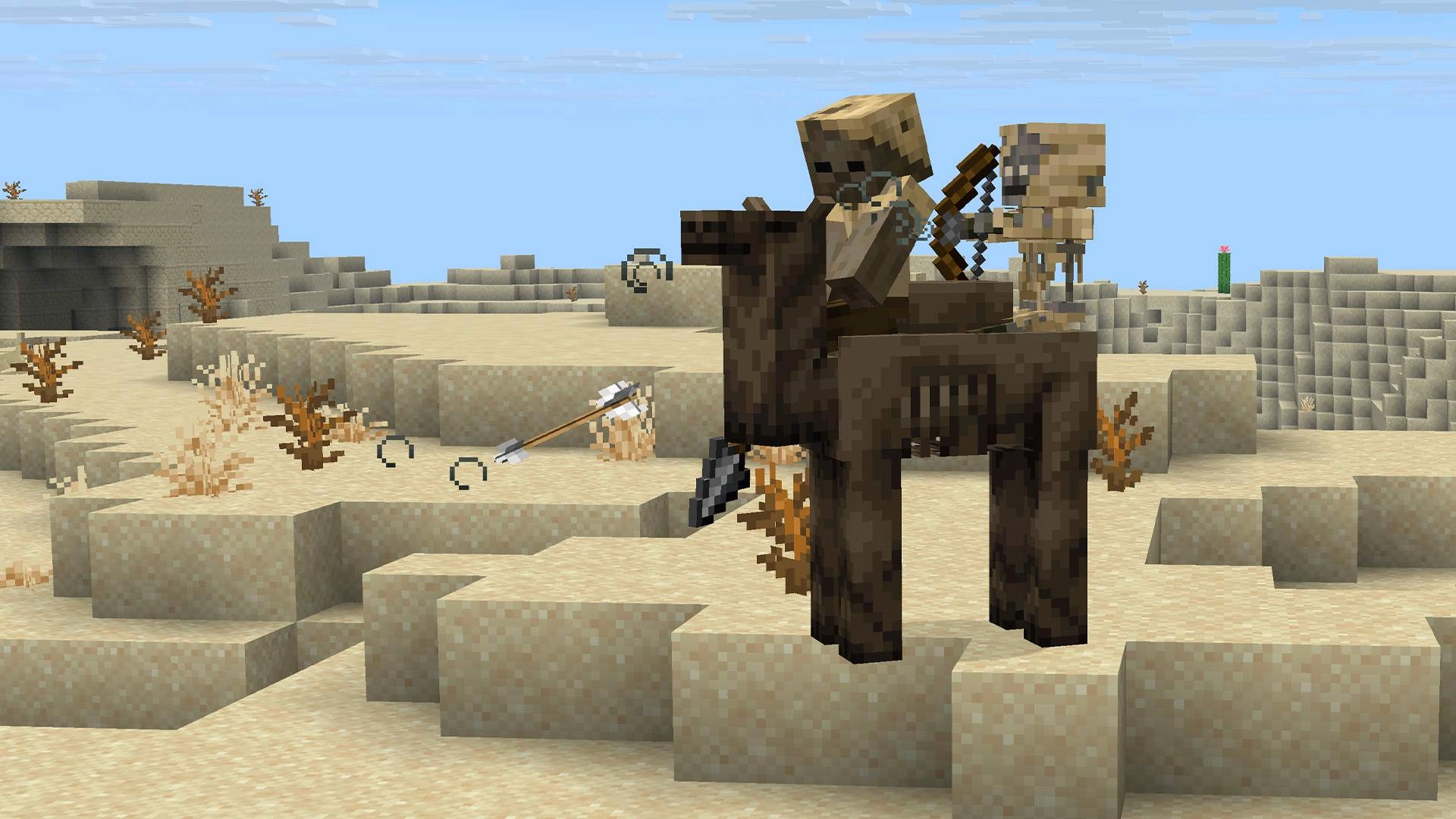 Two skeletons ride a horse in Minecraft