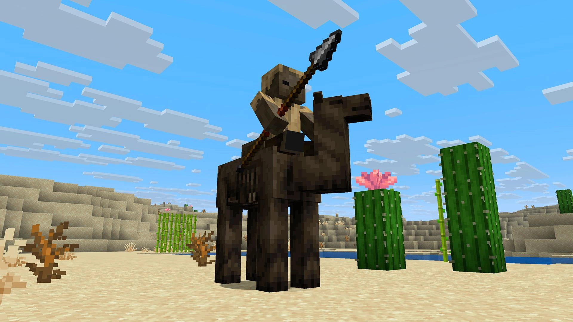 Player riding a dark mount in Minecraft, wielding a spear amidst a sandy desert landscape with cacti.