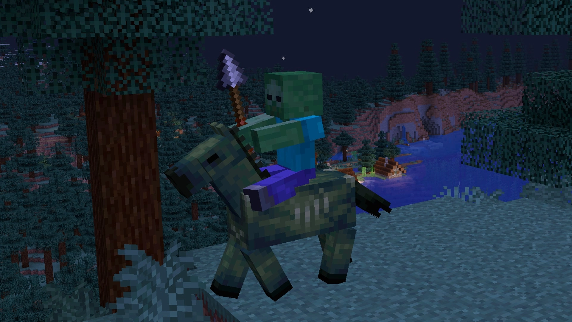 Minecraft zombie riding a horse at night, wielding a spear in the Mounts of Mayhem update for Nintendo Switch.