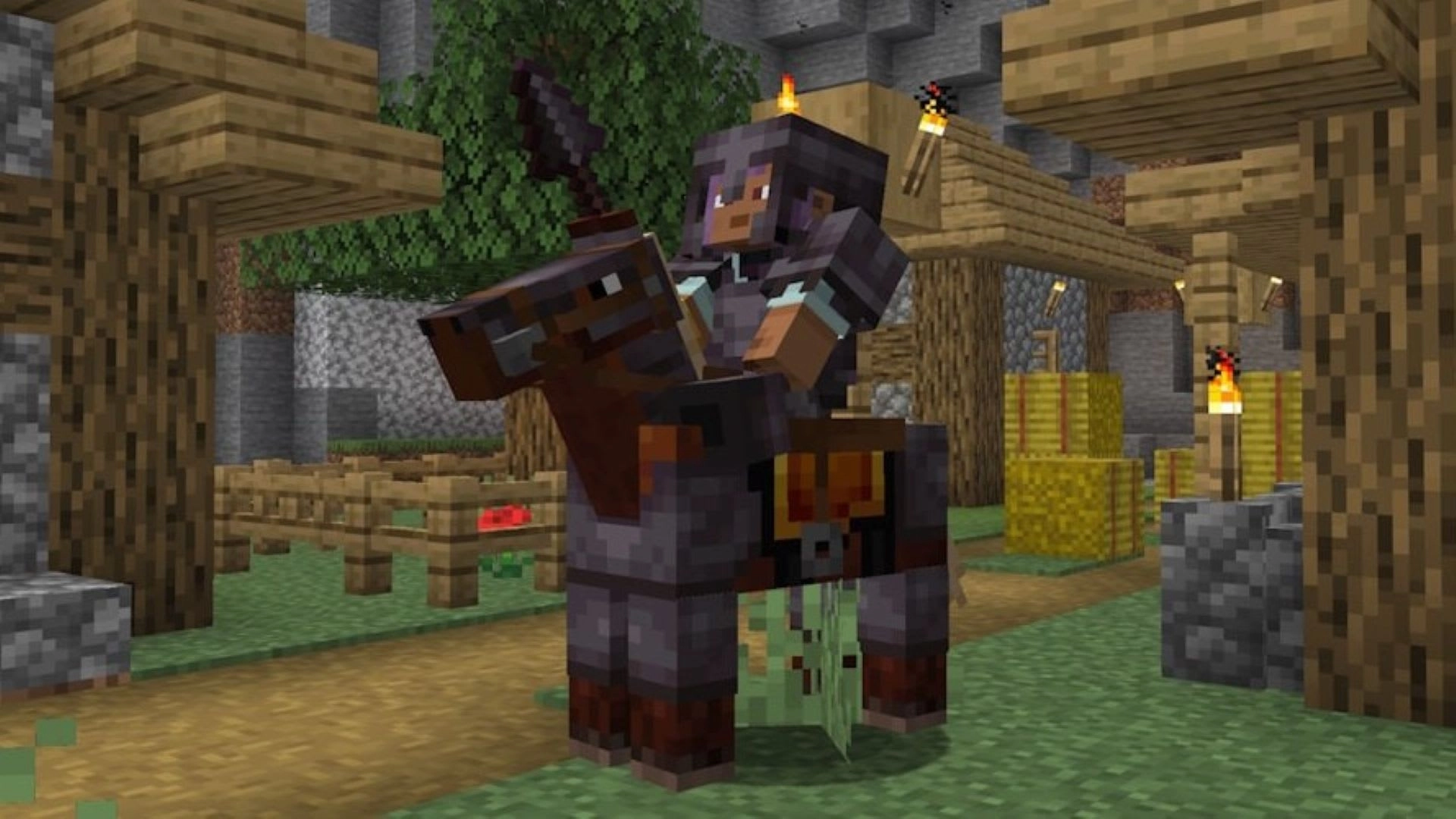 Player riding a mount in Minecraft, wielding a spear, in a vibrant game landscape full of trees and structures.