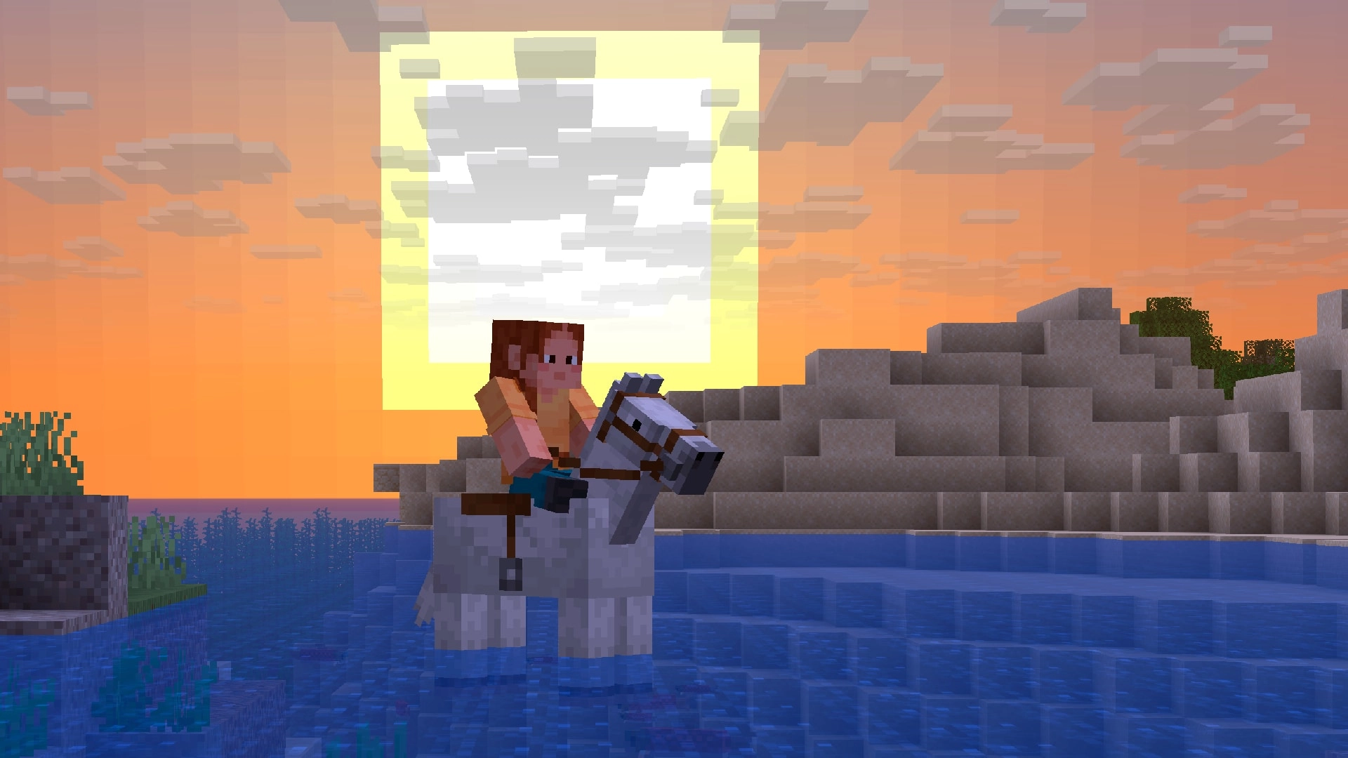 Minecraft player riding a horse at sunset, showcasing the new Mounts of Mayhem update for Nintendo Switch.