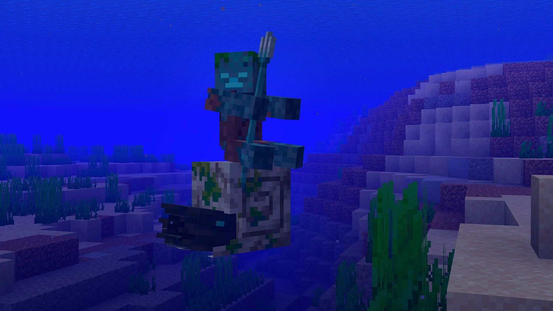 Zombie riding a nautilus in Minecraft underwater scene; highlights new Mounts of Mayhem update for Nintendo Switch.