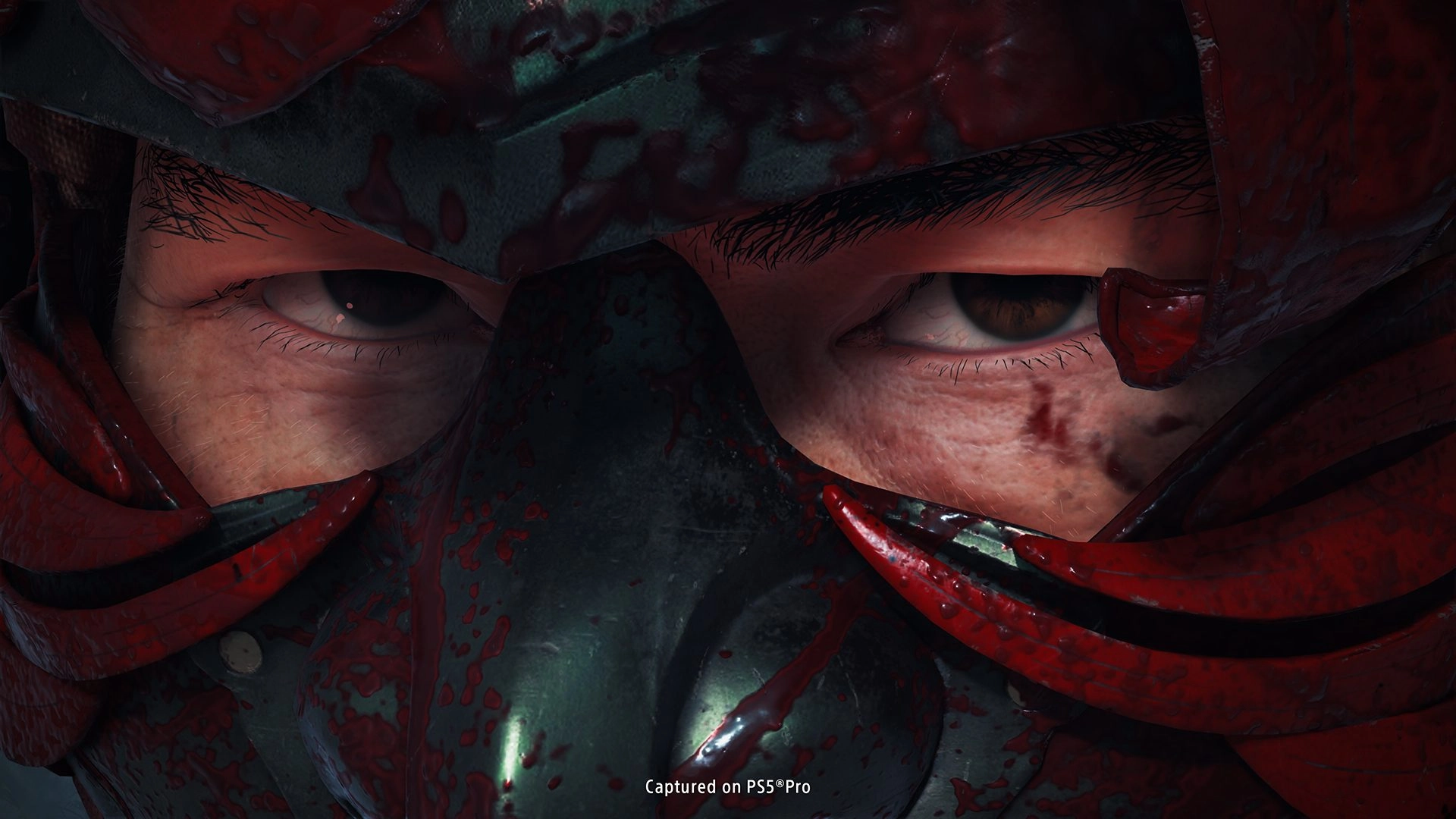 Close-up of a warrior’s face in a mask, hinting at mythological themes and the haunting quest, The Spider Lily General.