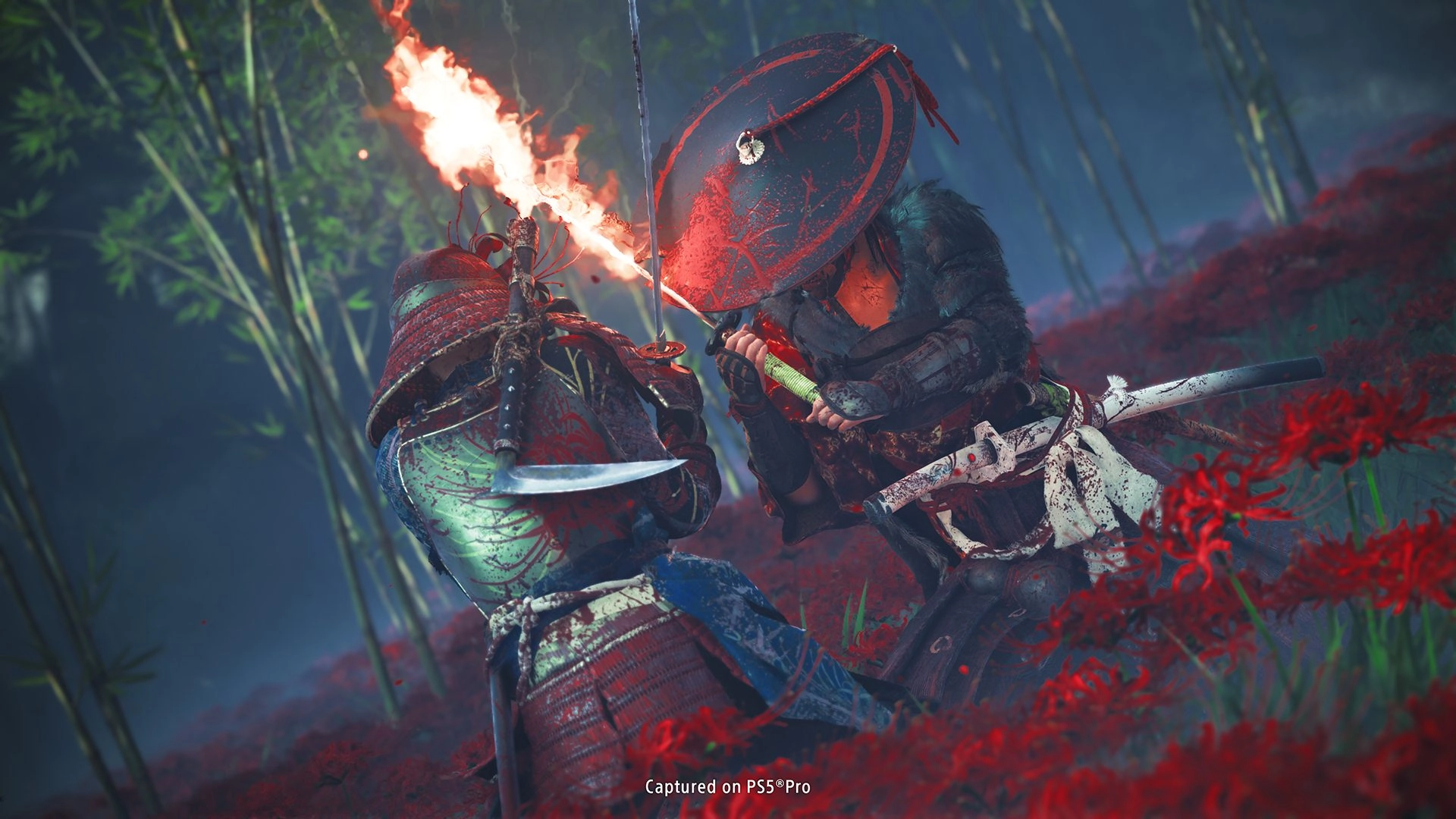 Two warriors clash amidst vibrant red flowers, capturing the essence of The Spider Lily General side-quest in Ghost of Yōtei.