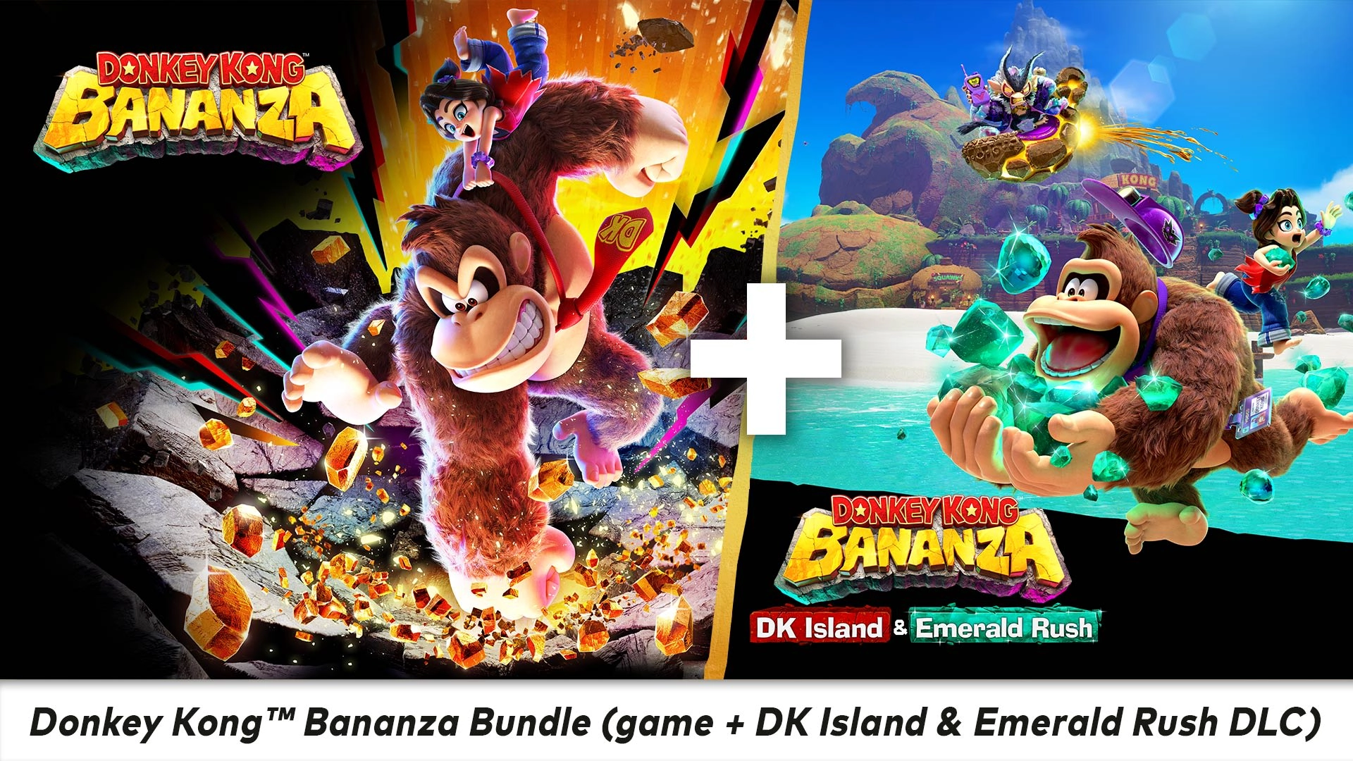 Donkey Kong Bananza bundle featuring DK Island & Emerald Rush DLC, showcasing game characters and vibrant gameplay.