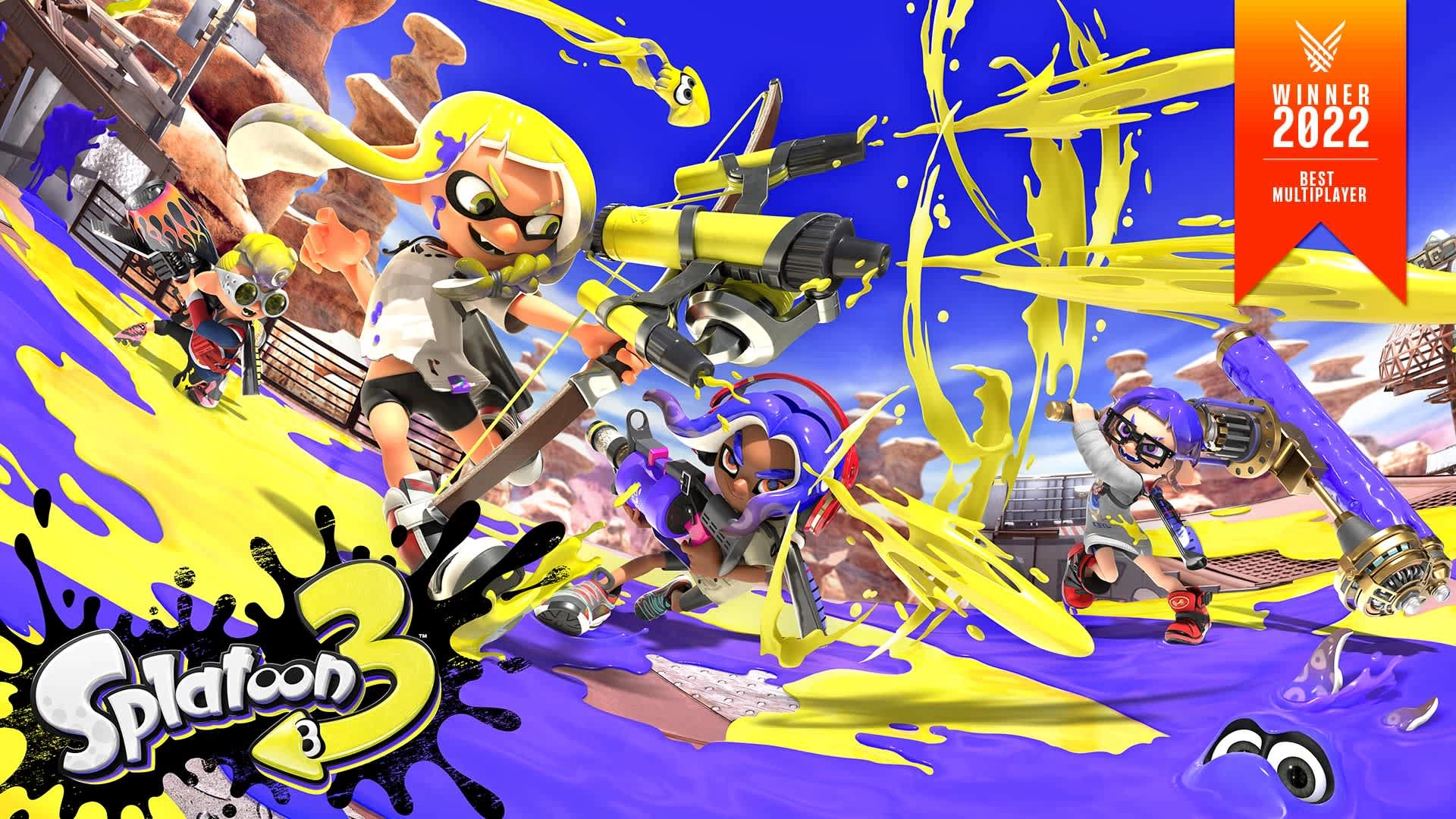 Colorful gameplay scene from Splatoon 3 showcasing characters in action, promoting the North American League Playoffs live...