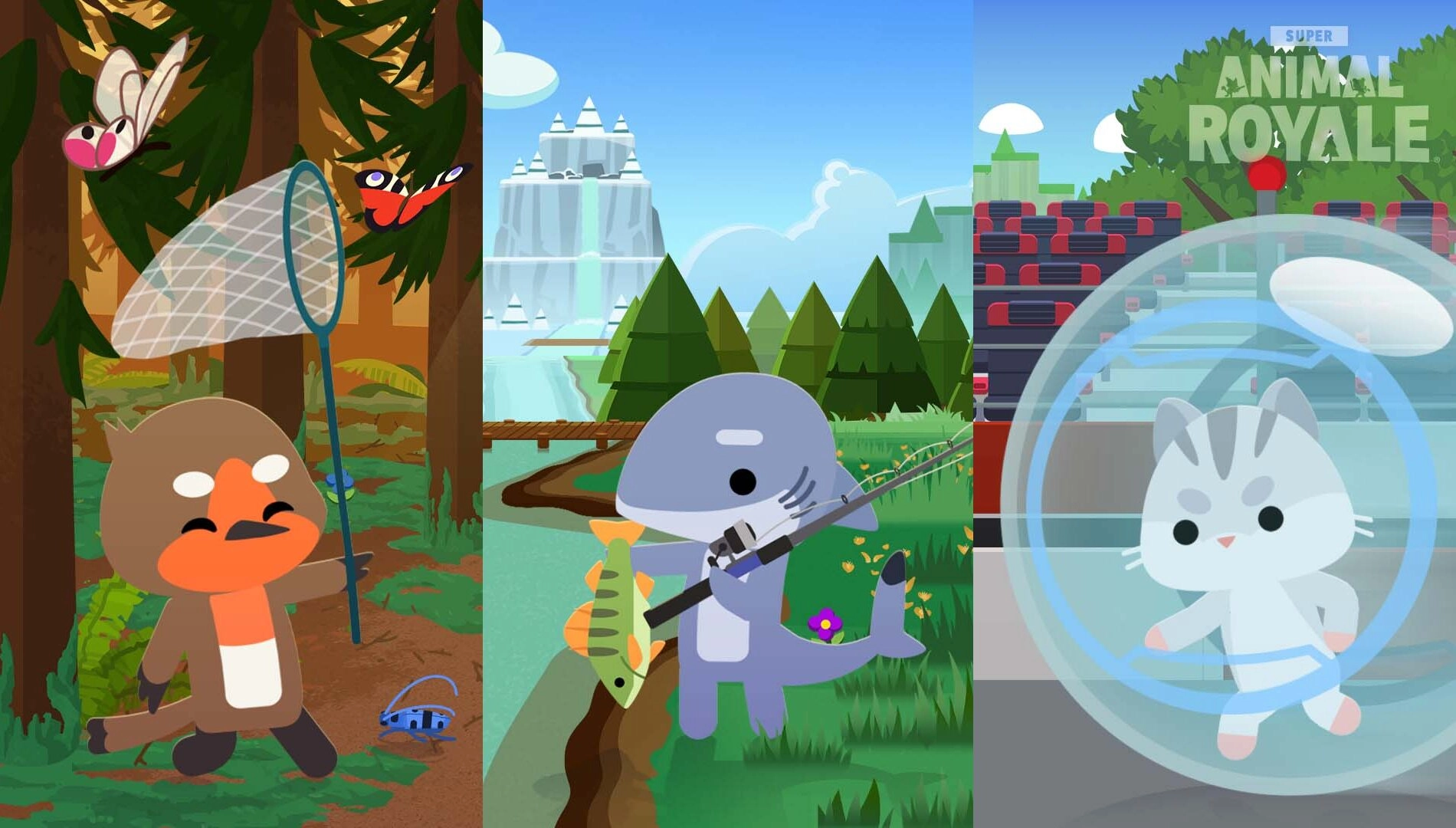Explore Super Animal World: cozy hub with fishing, bug catching, races, and quests in Super Animal Royale