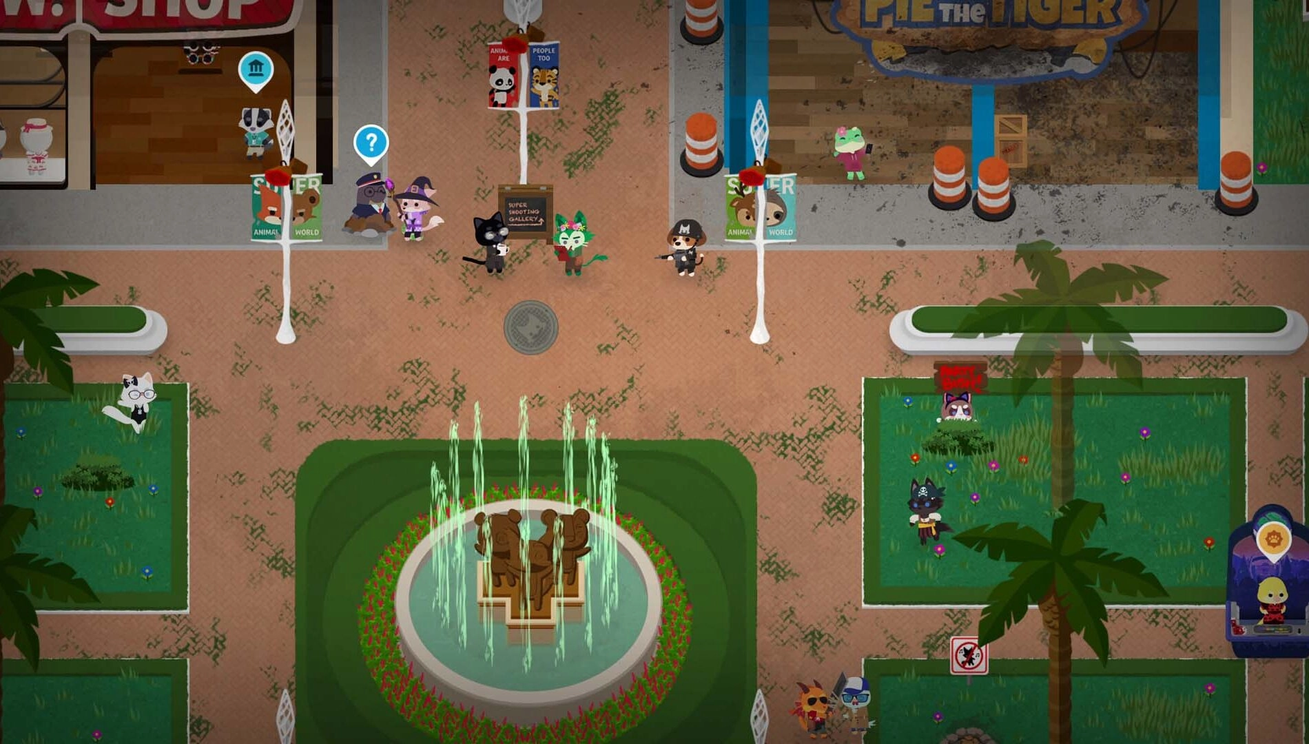 Cozy Social Hub in Super Animal World, featuring fishing, racing, and vibrant community interaction in Super Animal Royale.