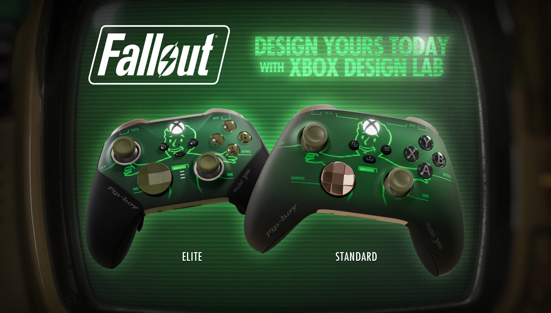 Fallout-themed Xbox controllers displayed side by side, featuring Elite and Standard designs, highlighting customization o...