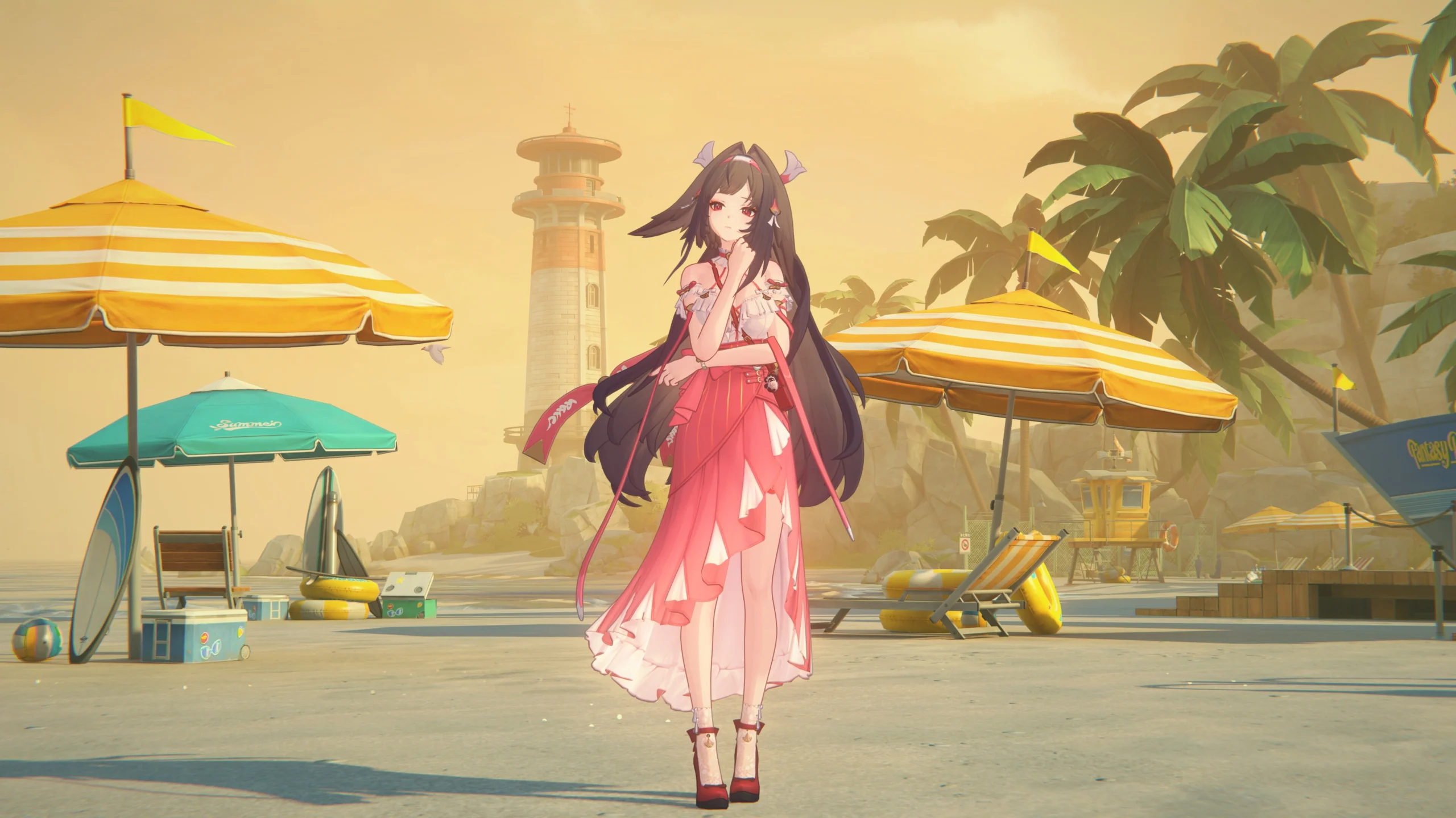 Stylish character in a pink dress stands at a beach with umbrellas and a lighthouse, embodying Zenless Zone Zero