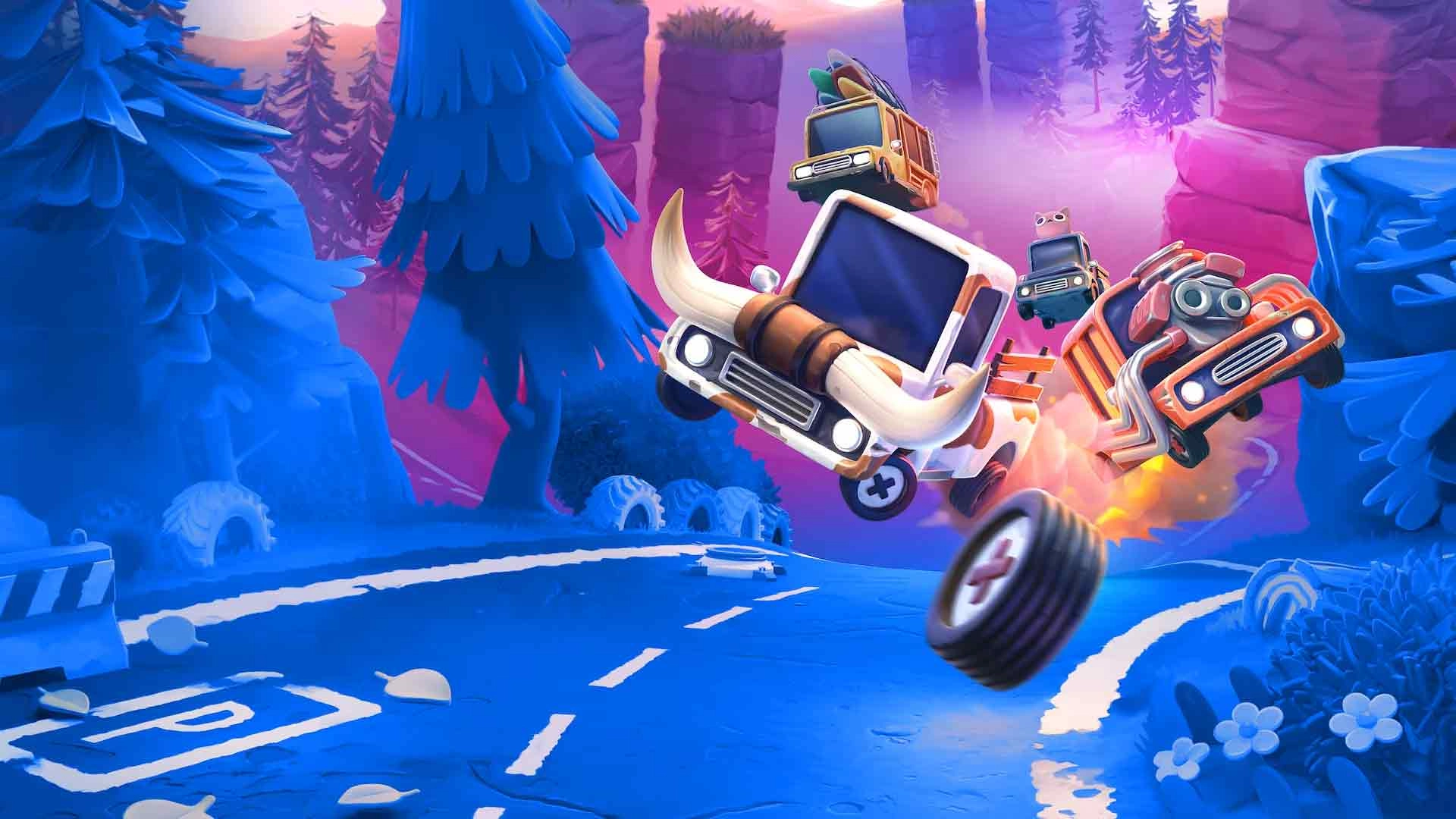 Colorful cartoon cars racing on a winding road in a vibrant, whimsical forest setting