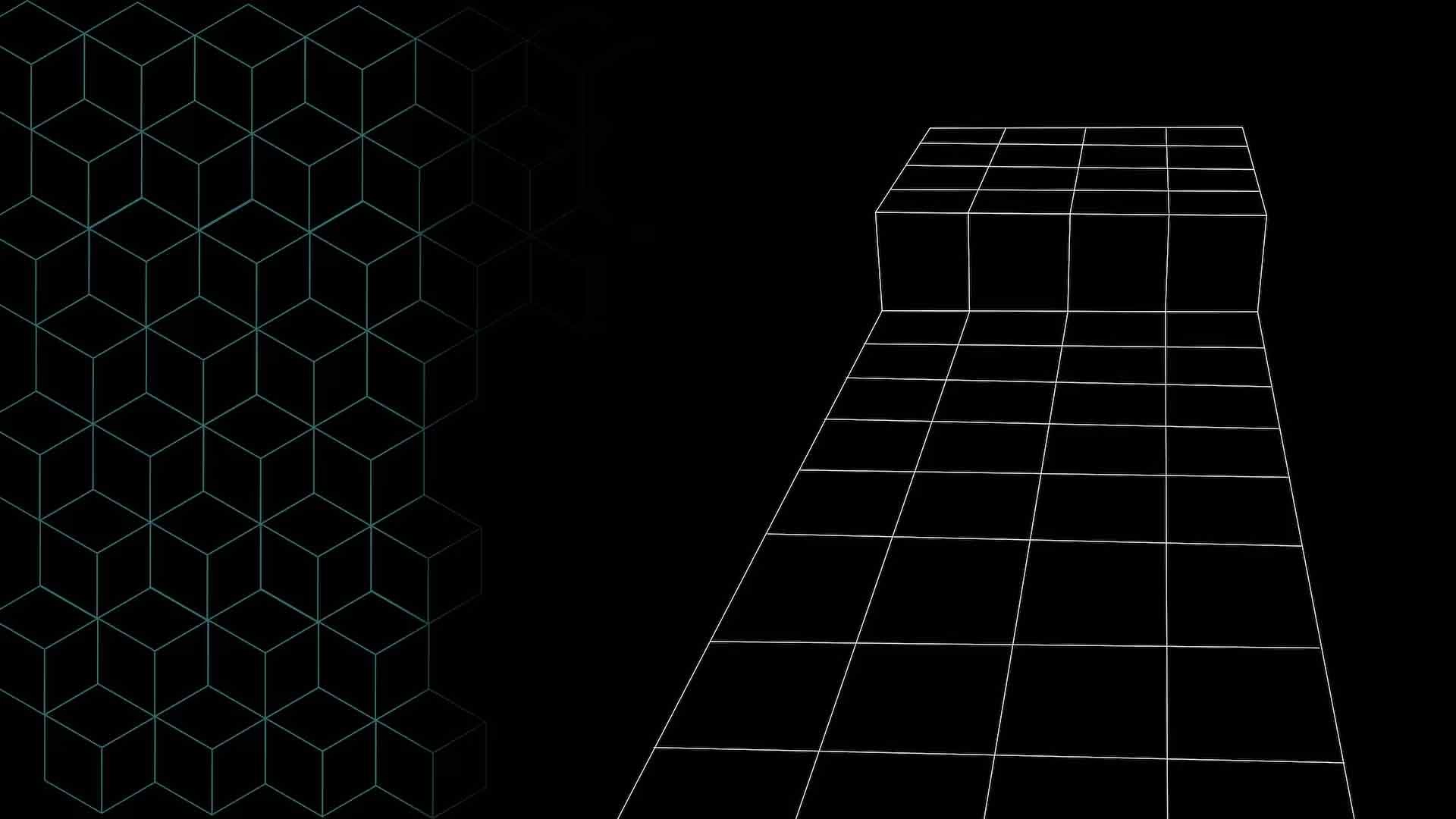 Geometric grid pattern with cubes on a black background, evoking a digital game environment