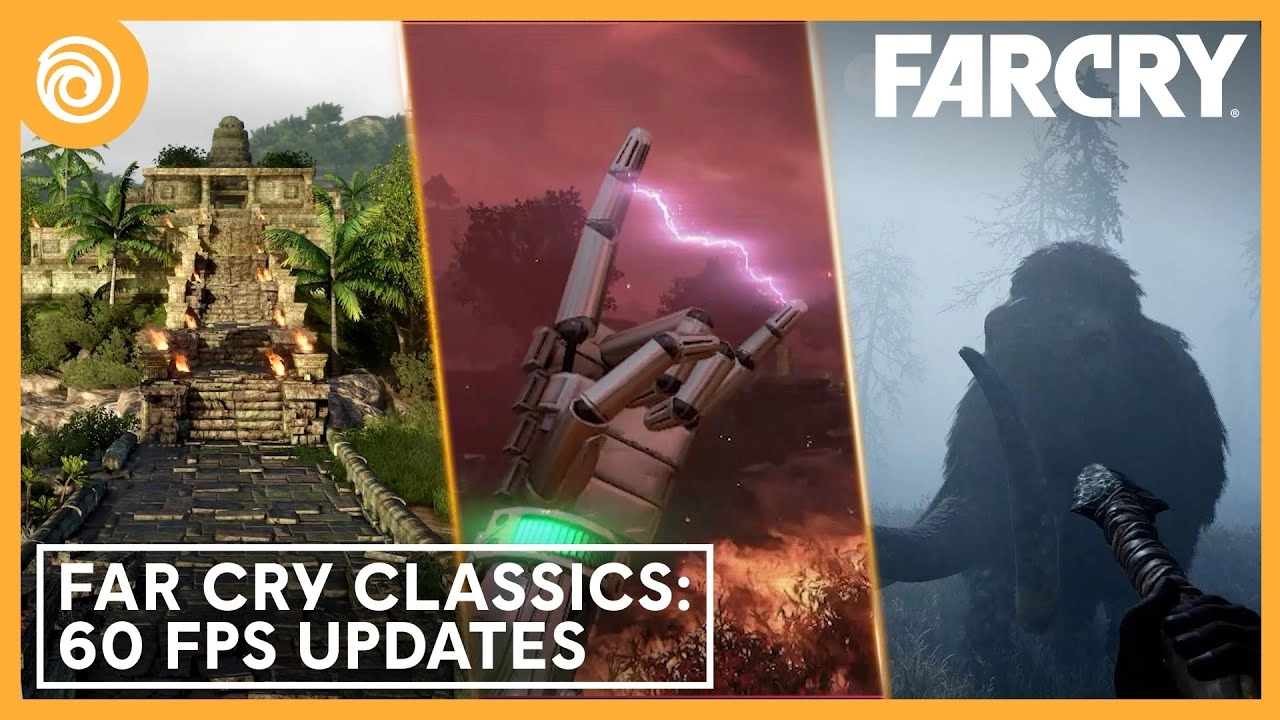 Far Cry 3 temple, Blood Dragon's cyber hand, and Primal's mammoth in 60 FPS update announcement banner